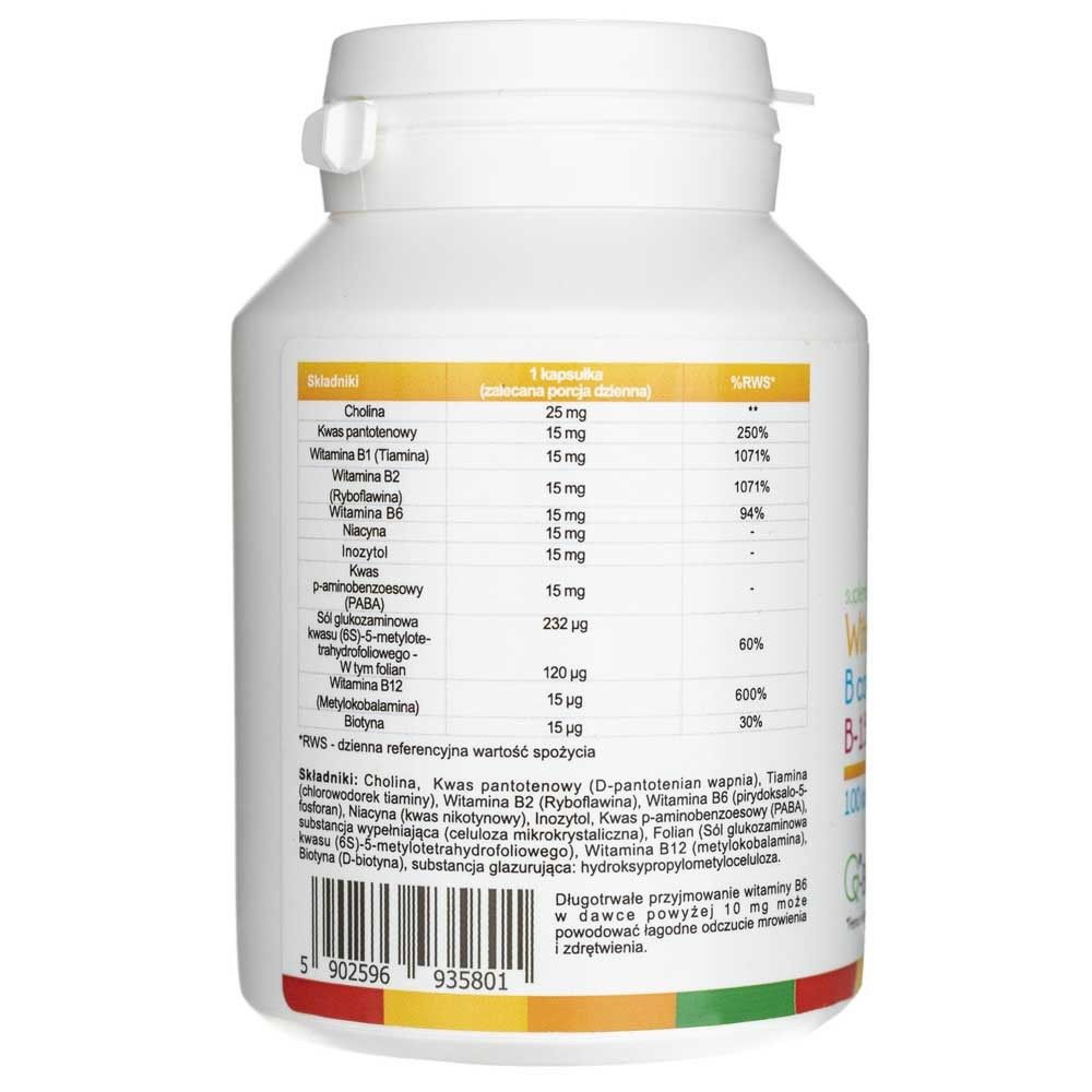 Rückseite einer Aliness Vitamina B Komplex B-15 Methyl Kapseldose mit Nährwertangaben.