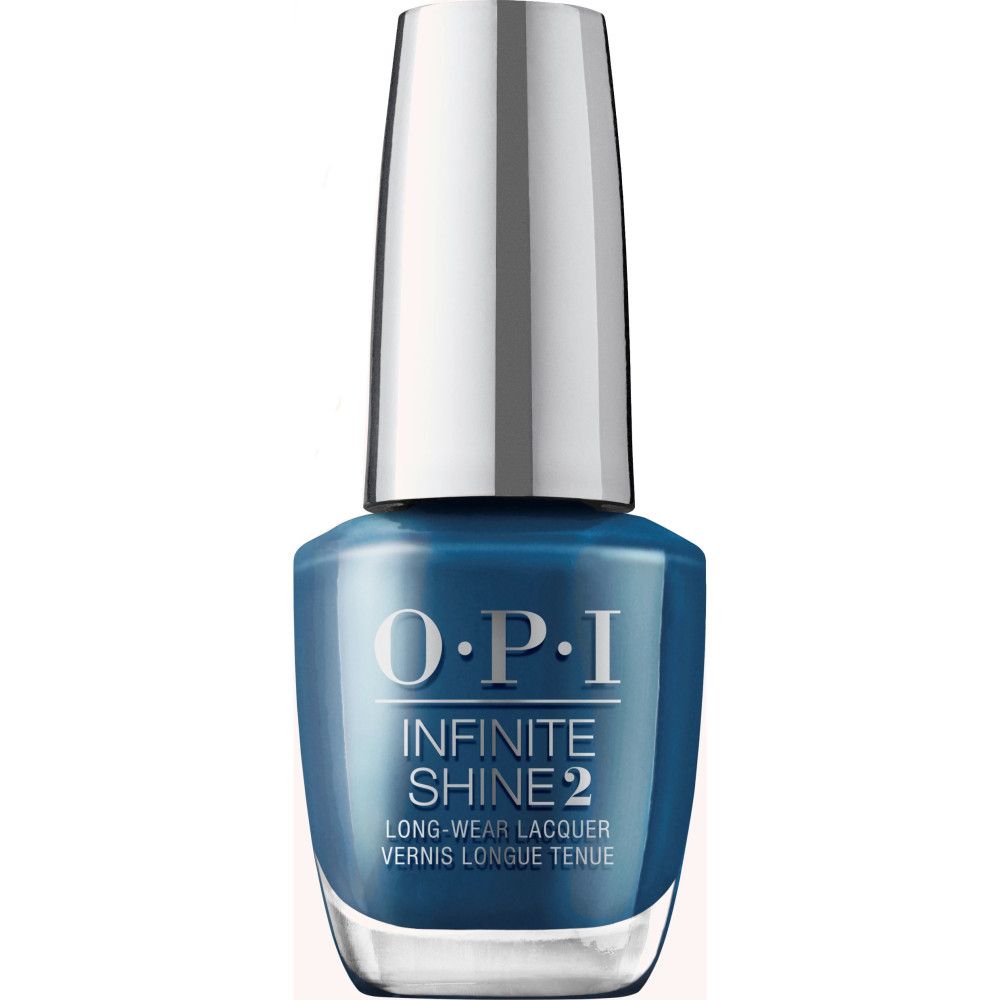Nagellackflasche mit blauem Lack. Silberner Deckel, Produktname sichtbar.