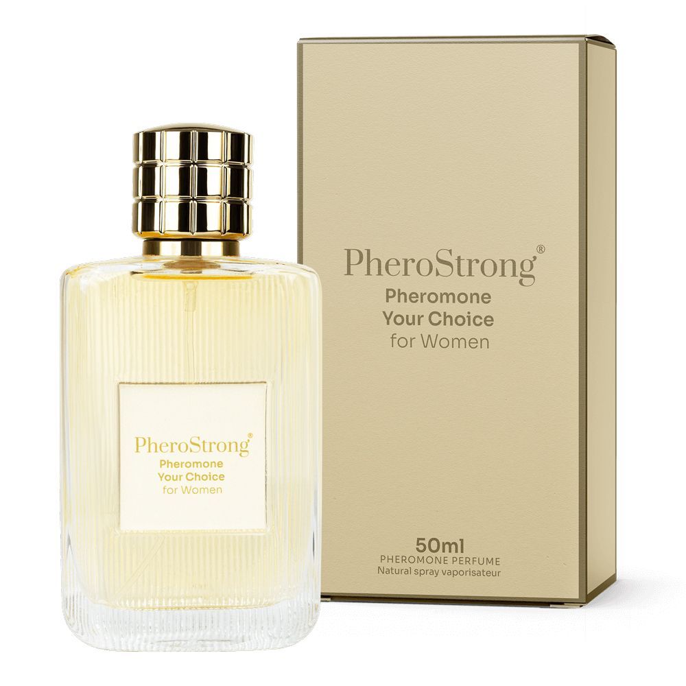 PheroStrong Pheromonen Parfüm für Damen, 50ml Flakon mit goldener Kappe und passender Verpackung.
