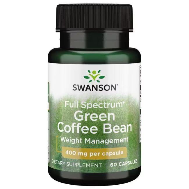 Grüne Kaffeebohnen-Kapseln in grüner Flasche. Aufschrift: Swanson, Green Coffee Bean, 400 mg pro Kapsel. 60 Kapseln.