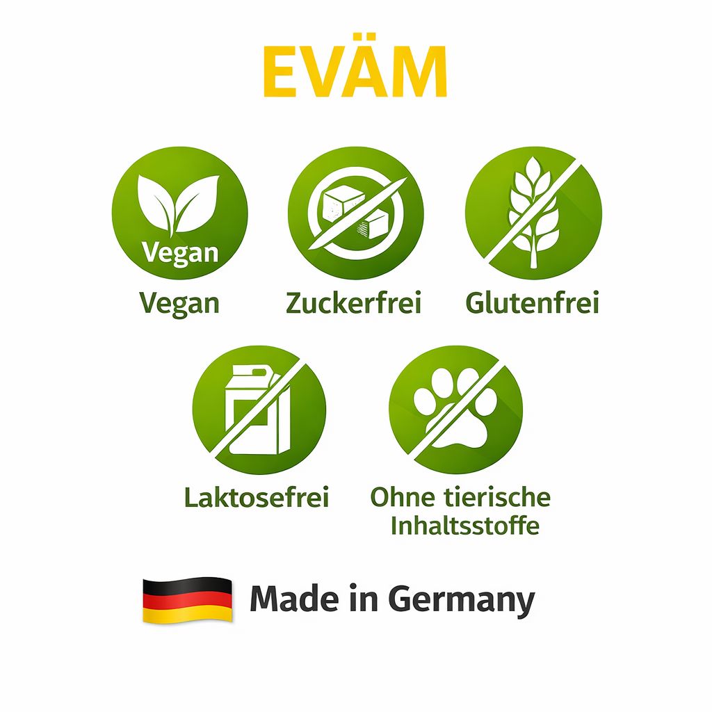 Verschiedene grüne Kreise mit Symbolen: Vegan, zuckerfrei, glutenfrei, laktosefrei, ohne tierische Inhaltsstoffe. Flagge: Made in Germany.