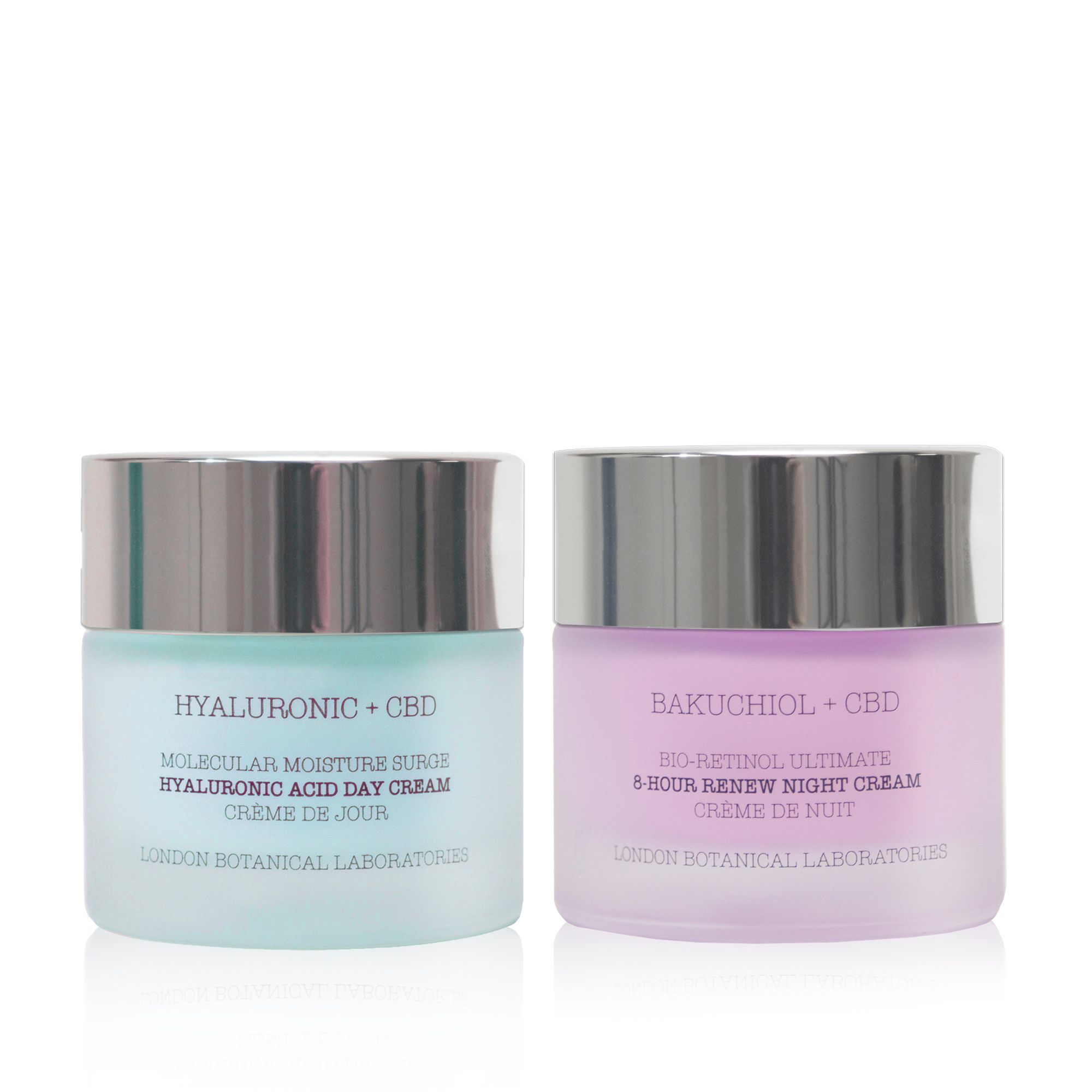 Zwei Cremetiegel mit silbernen Deckeln. Links: hellblaue Creme, Aufschrift "Hyaluronic + CBD". Rechts: rosa Creme, Aufschrift "Bakuchiol + CBD".