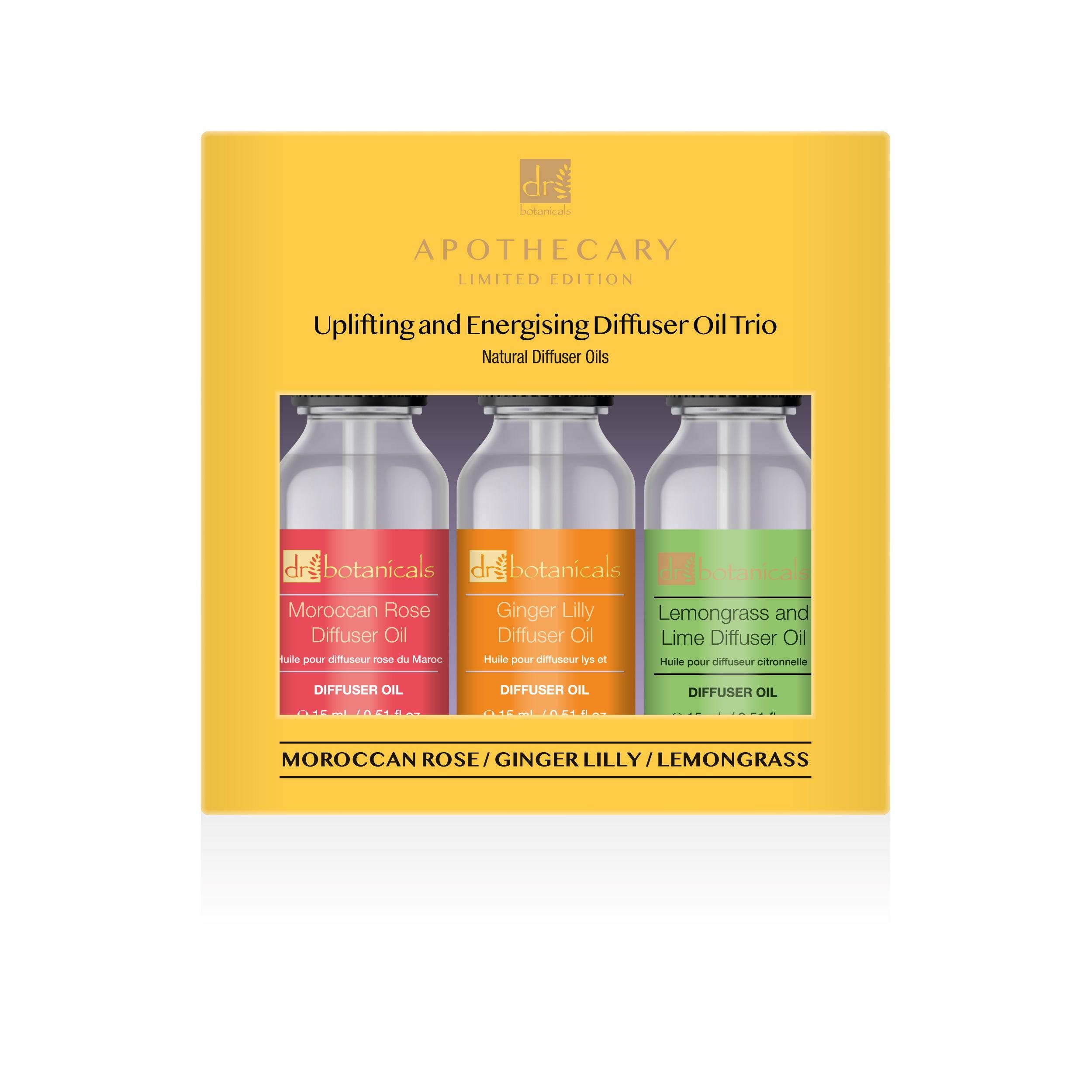 Gelbe Verpackung mit drei Flaschen Diffusor-Öl. Aufschrift: Apothecary, Uplifting and Energising Diffuser Oil Trio. Farben: Rot, Orange, Grün.