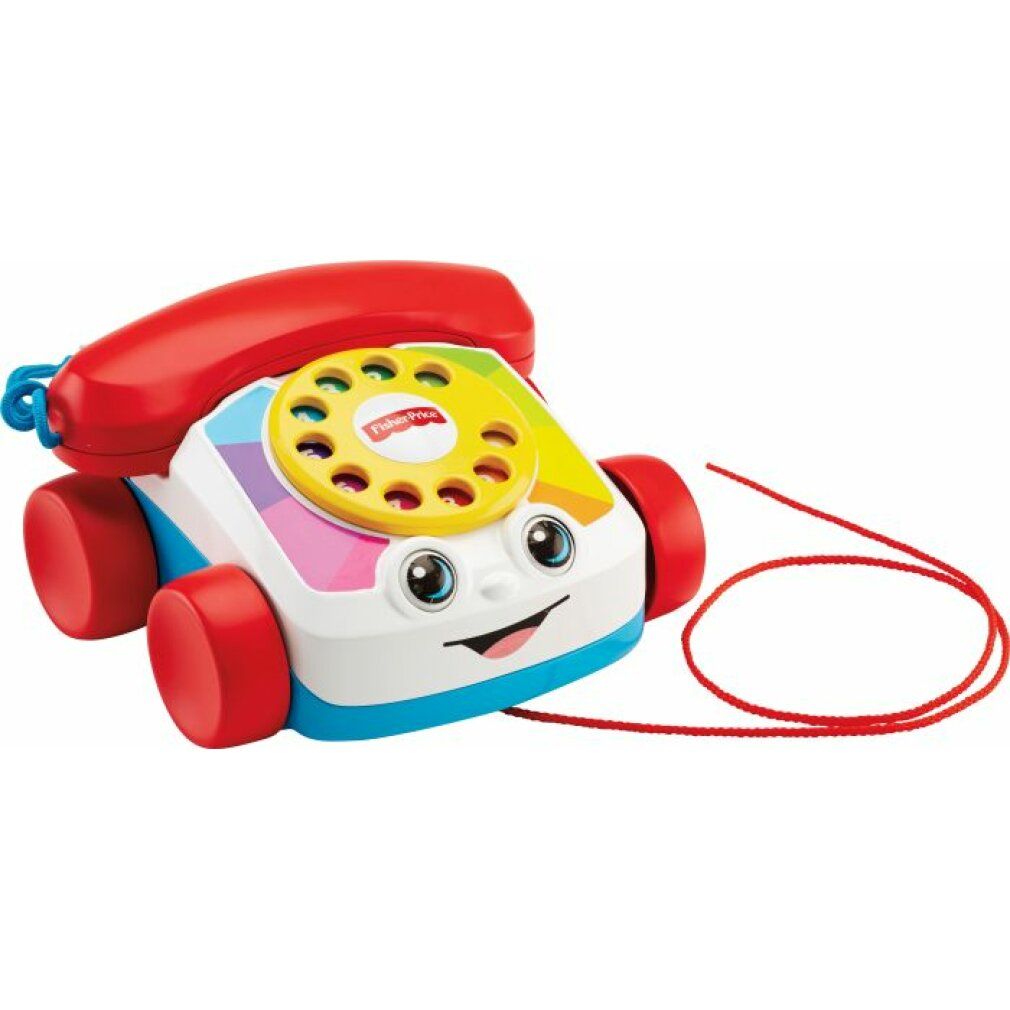Ein Spielzeug-Telefon mit roten Rädern, einem roten Hörer und einer gelben Wählscheibe. Ein rotes Seil ist am Telefon befestigt.