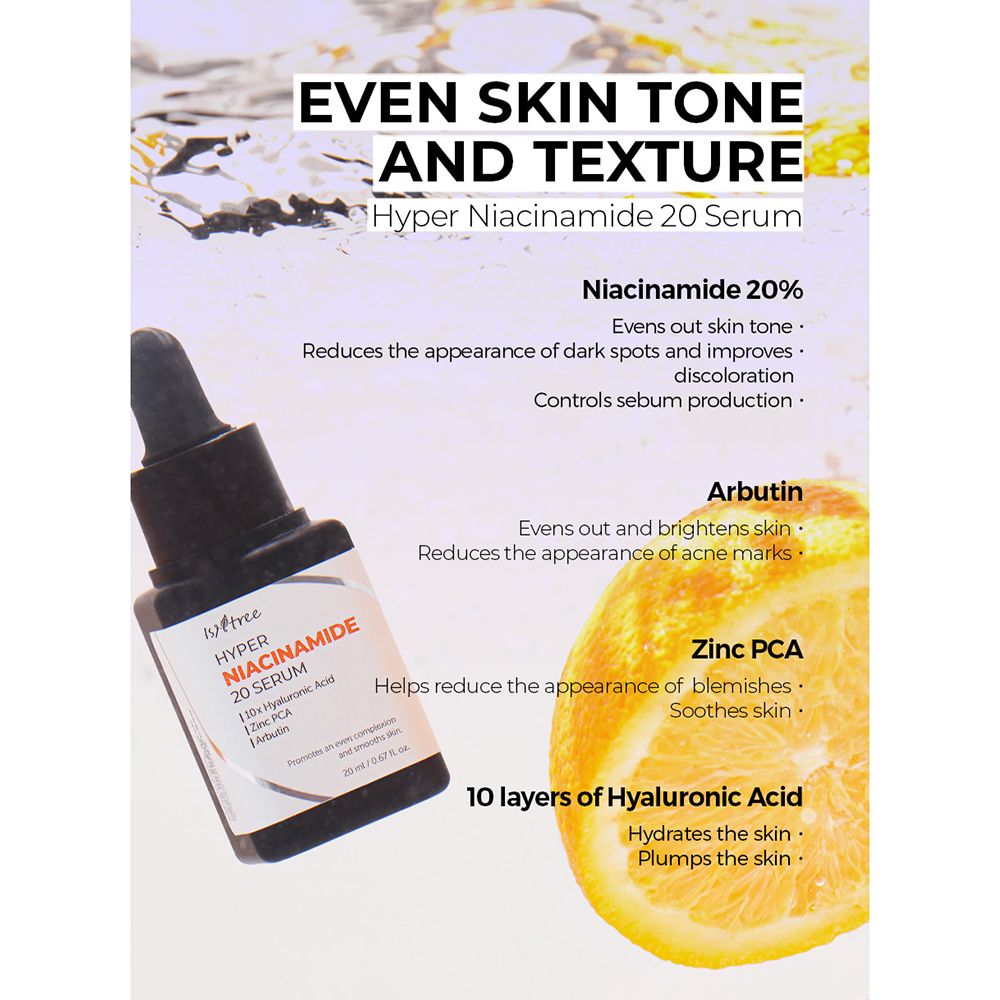 Serumflasche und Text. Schwarze Flasche mit weißem Etikett. Text: Hyper Niacinamide 20 Serum. Orange.