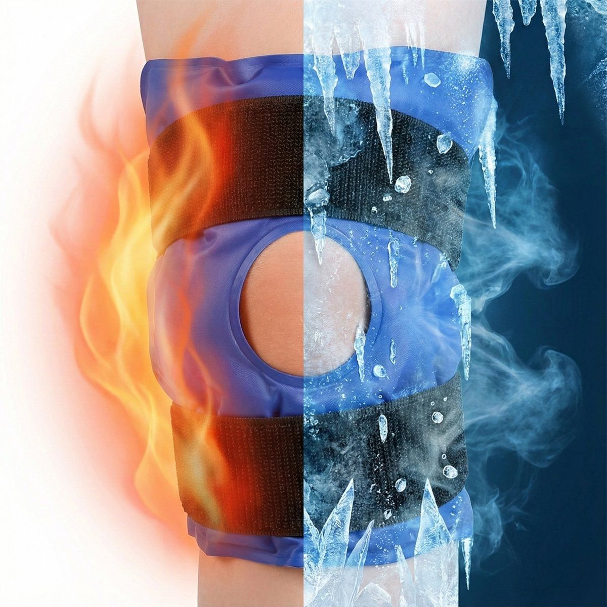 Blaues Kniegelpack mit schwarzen Gurten. Auf der linken Seite Flammen, rechts Eis. Für Wärme- und Kältetherapie.