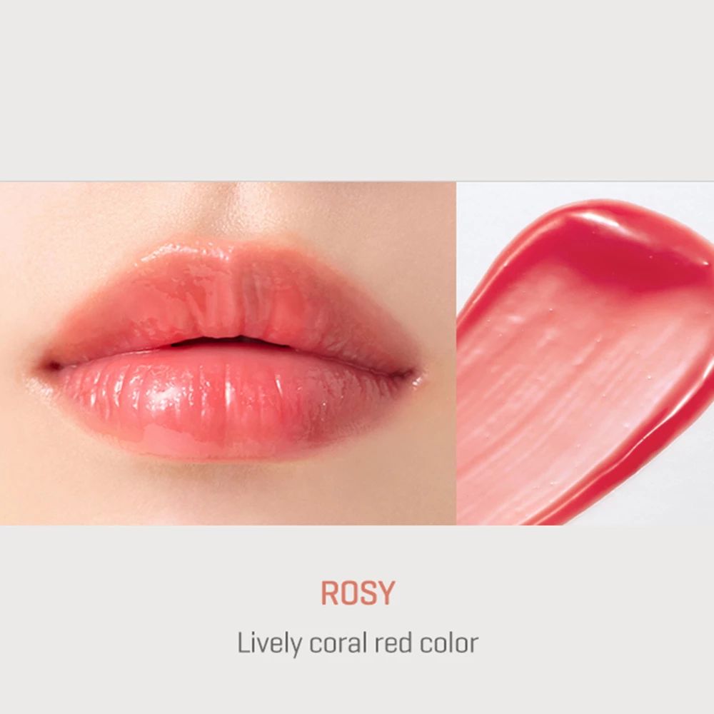 Nahaufnahme von Lippen und Lippenbalsam-Abstrich. Text: ROSY, Lively coral red color.
