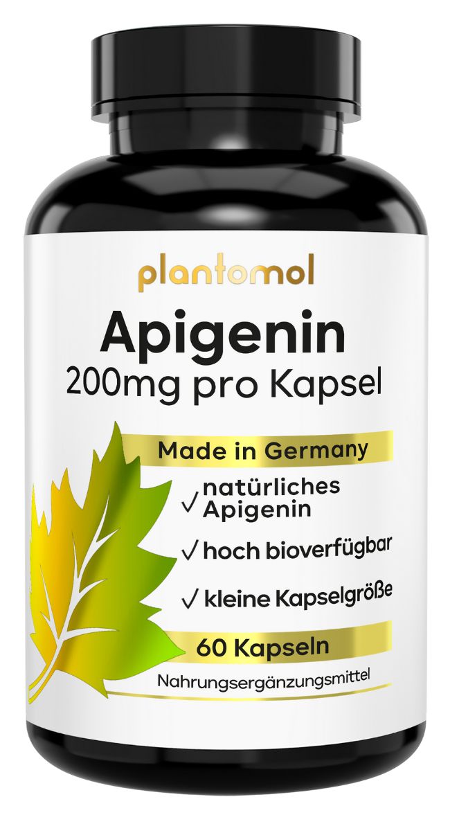 Schwarze Flasche mit plantomol® Apigenin Kapseln. Aufschrift: Apigenin 200mg pro Kapsel, 60 Kapseln. Made in Germany.