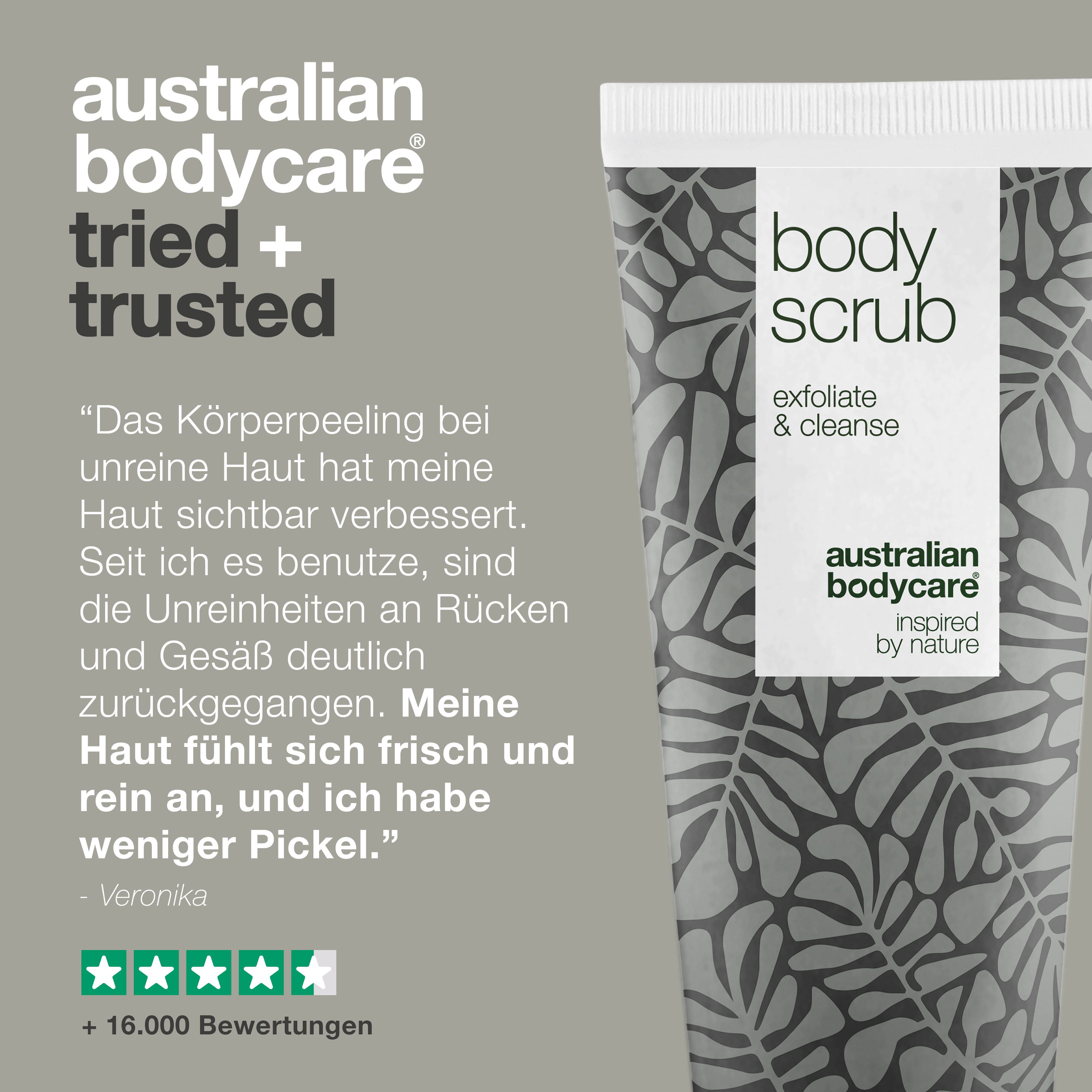 Textausschnitt mit Bewertung. Tube „Body Scrub“. Marke: Australian Bodycare. Text: +16.000 Bewertungen.