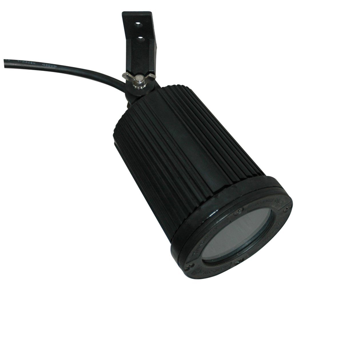 Schwarze Lampe mit geriffeltem Gehäuse und Halterung. Kabelanschluss sichtbar.