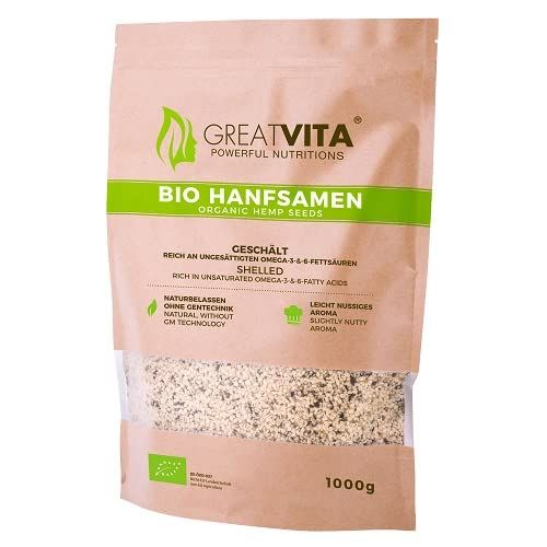 Beutel mit GreatVita Bio Hanfsamen. Aufschrift: Bio Hanfsamen, Organic Hemp Seeds, Geschält. 1000g.