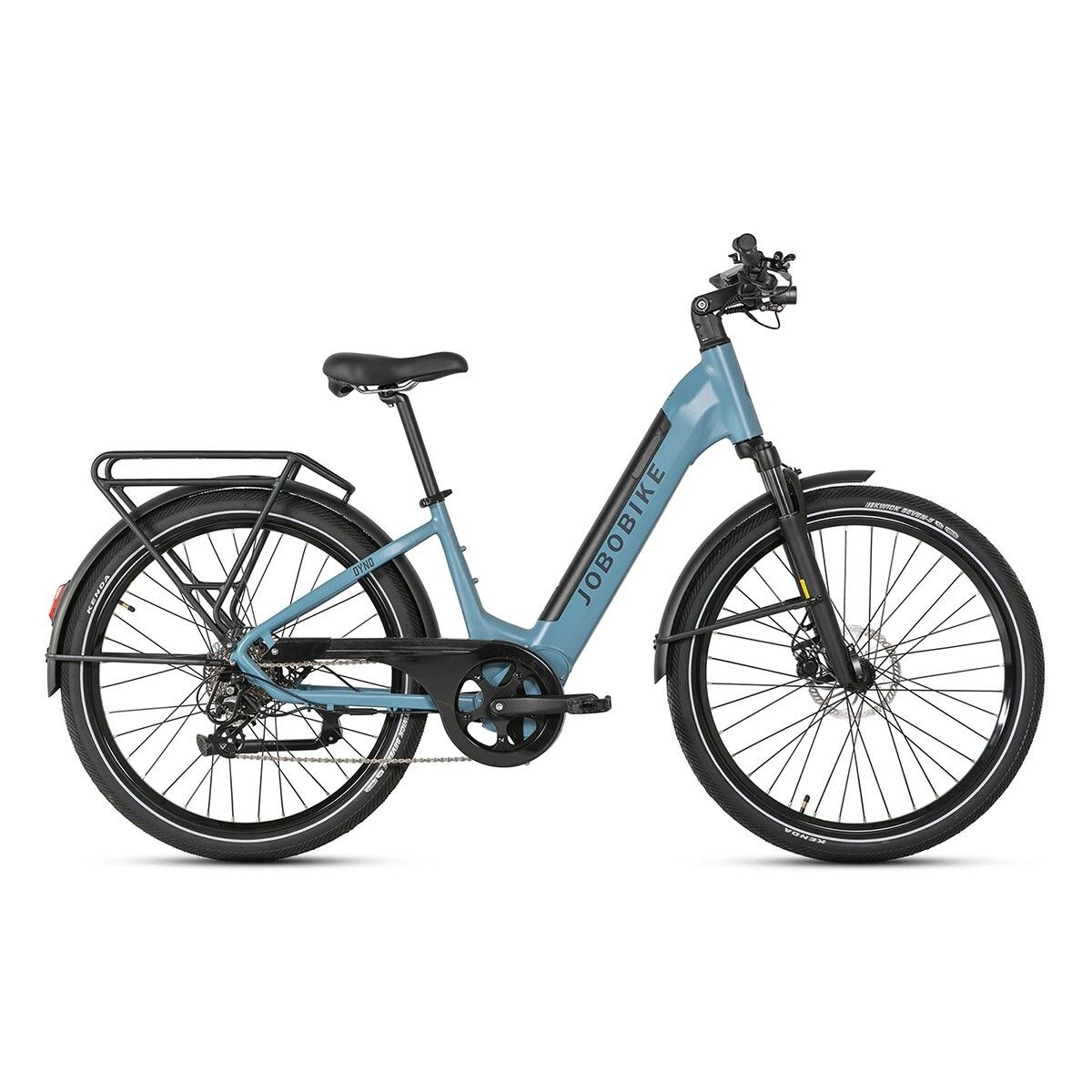 Blaues Elektrofahrrad mit Gepäckträger. JOBOBIKE-Logo am Rahmen. Schwarze Schutzbleche und Reifen.