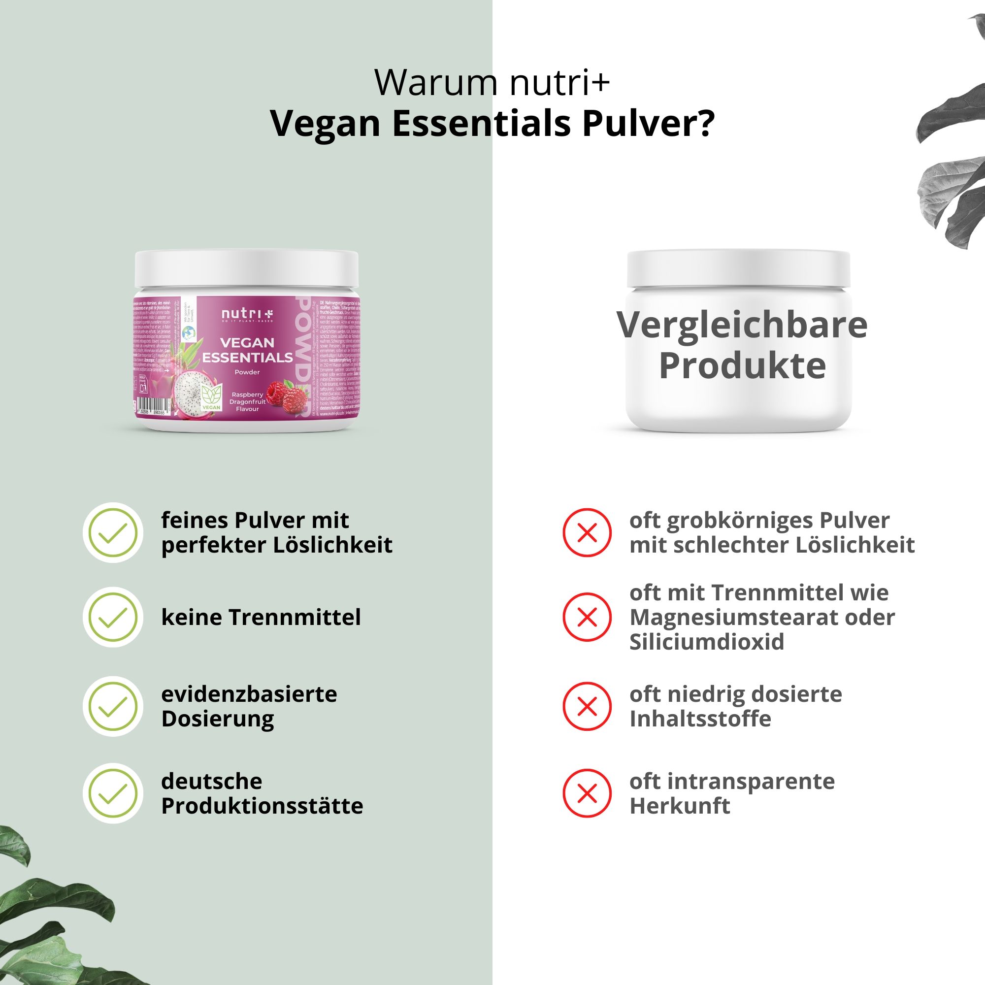 Vergleich: nutri+ Vegan Essentials vs. Vergleichbare Produkte. Vorteile: feines Pulver, keine Trennmittel, dosiert, deutsche Produktion.