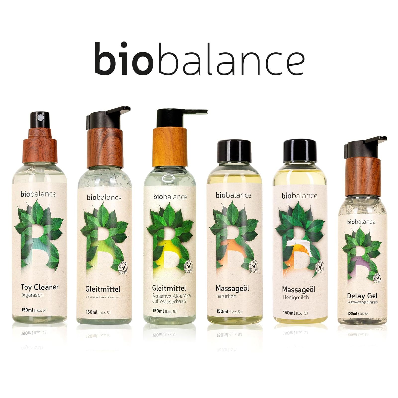 Sechs Flaschen „biobalance“. Produkte: Toy Cleaner, Gleitmittel, Gleitmittel sensitive, Massageöl, Massageöl, Delay Gel.