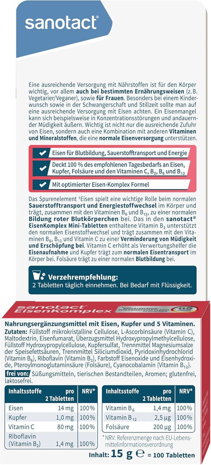 Sanotact Eisen Komplex Mini Tabletten. Rückseite der Verpackung mit Inhaltsstoffen und Nährwertangaben. 100 Tabletten.