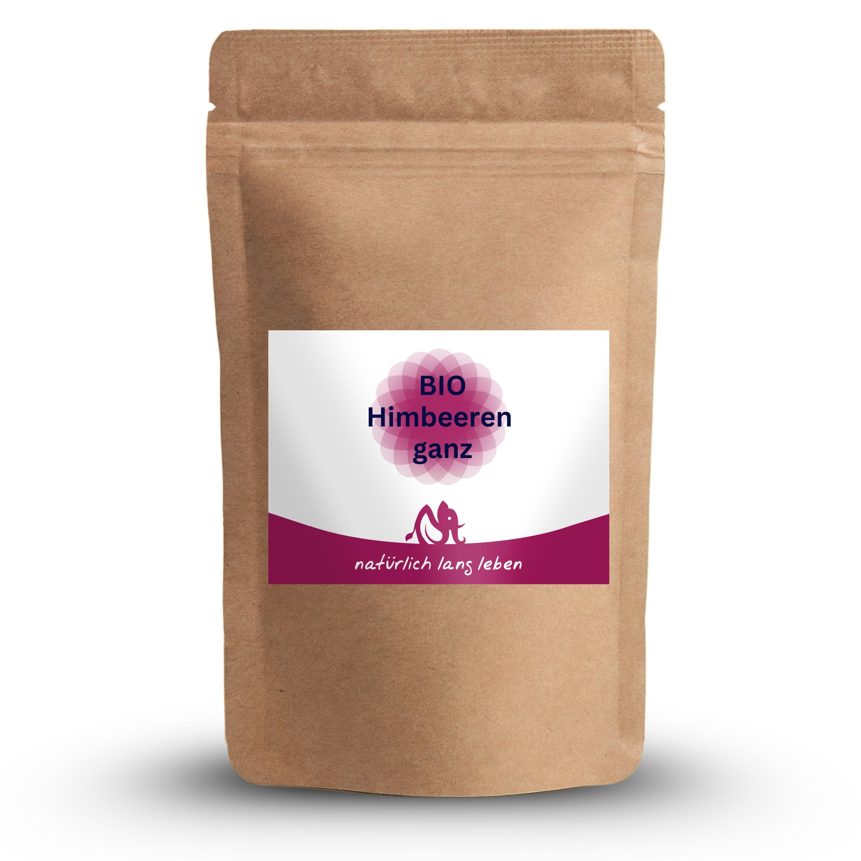 Beutel mit BIO Himbeeren ganz. Aufkleber mit Logo und Text. Braune Papierverpackung.