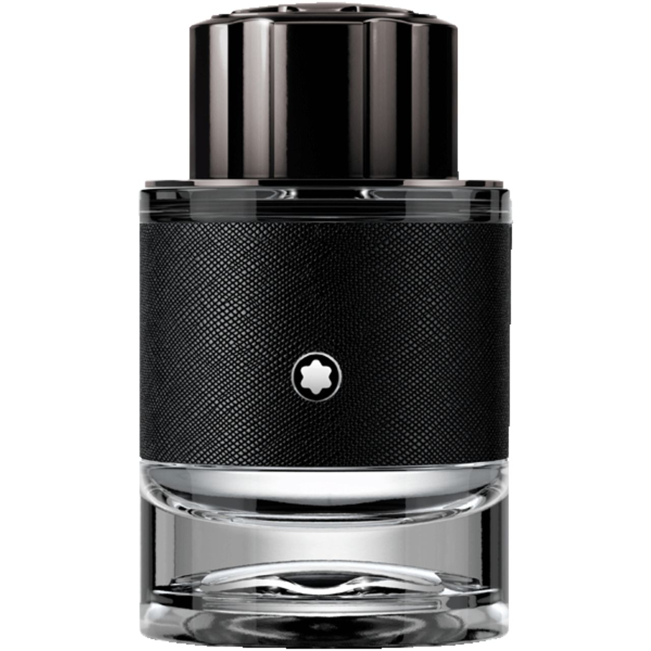 Montblanc Explorer Eau de Parfum Flakon. Schwarzer Flakon mit silbernem Deckel und Logo.