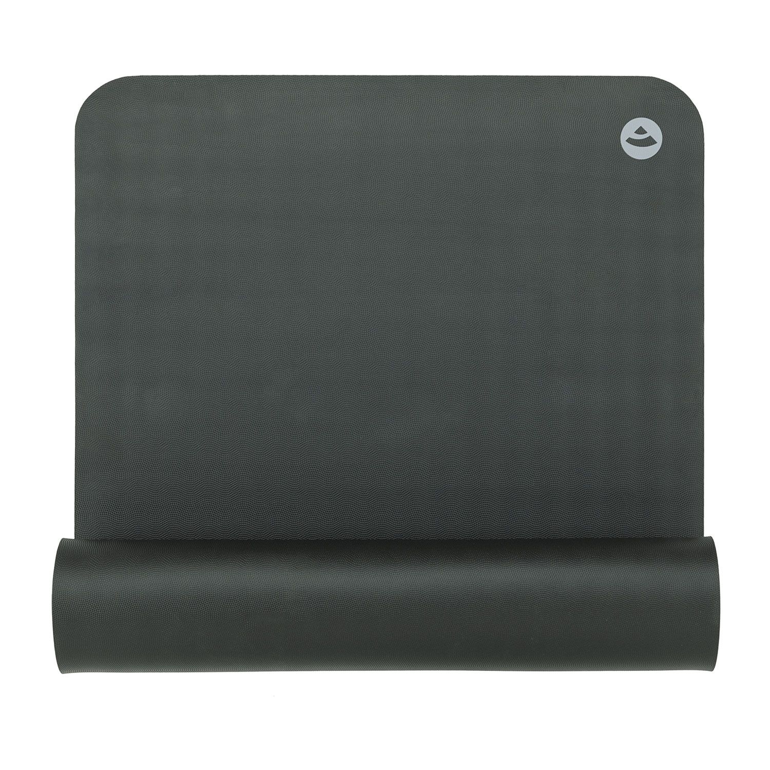 Graue Yogamatte, teilweise gerollt. Logo oben rechts. Für Yoga-Übungen.