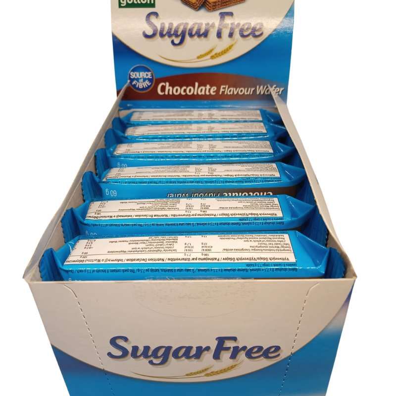 Packung Gullon zuckerfreie Waffeln, Schokoladengeschmack. Blaue Einzelverpackungen in Karton. Schriftzug Sugar Free.