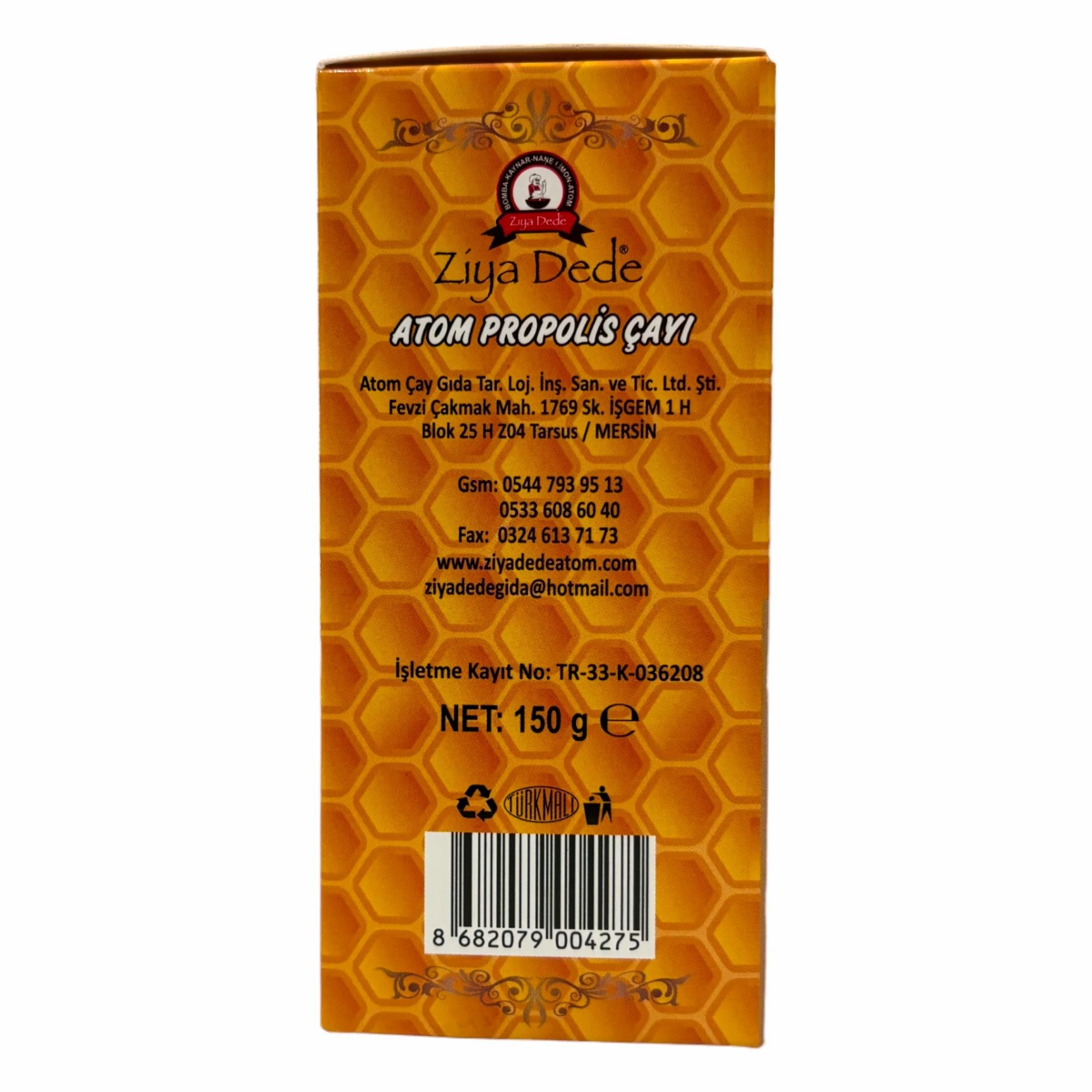 Seitenansicht der Verpackung. Text mit Produktname, Adresse, Kontaktinformationen und Barcode.
