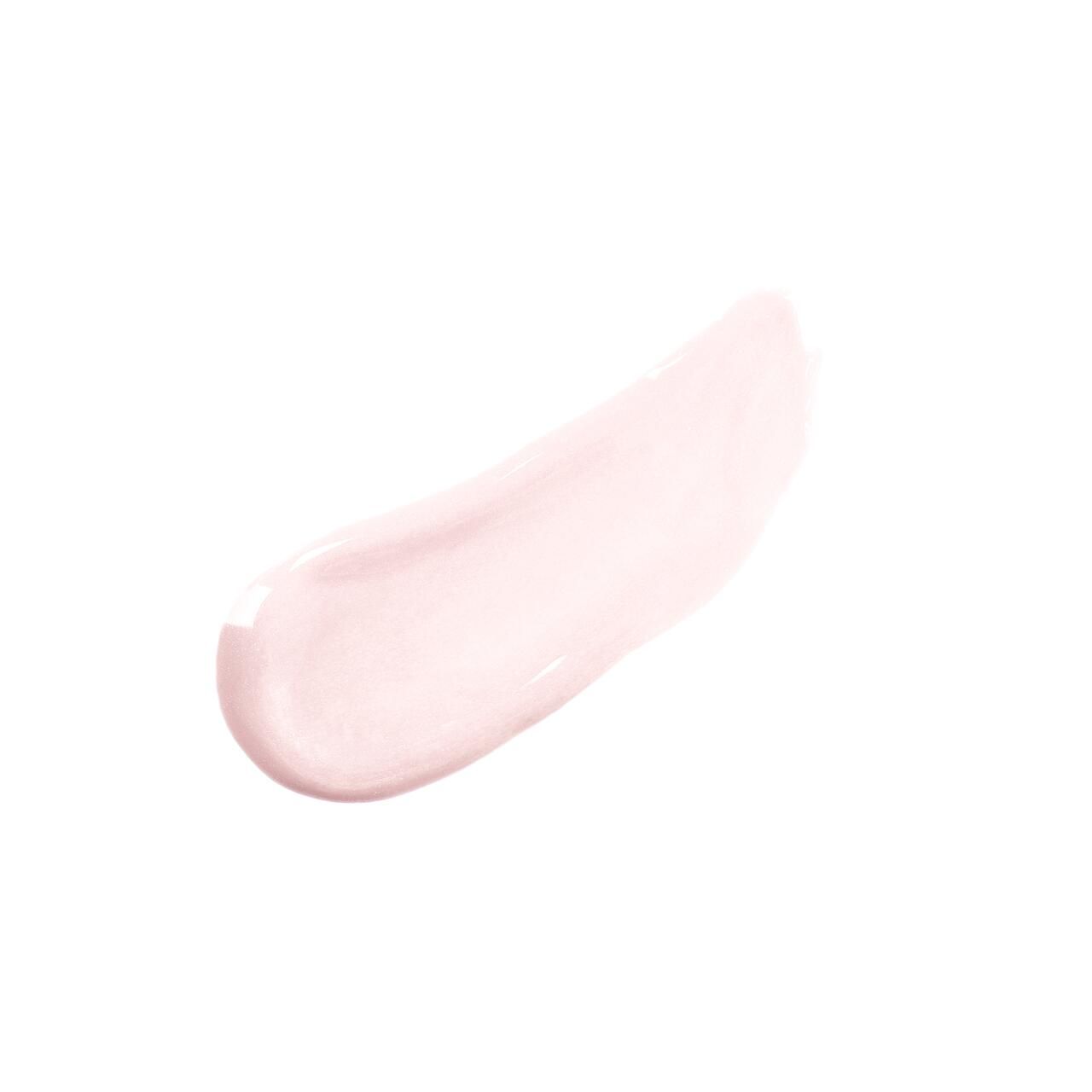 Heller, rosafarbener Lipgloss-Abstrich auf weißem Hintergrund. Die Textur ist glänzend.