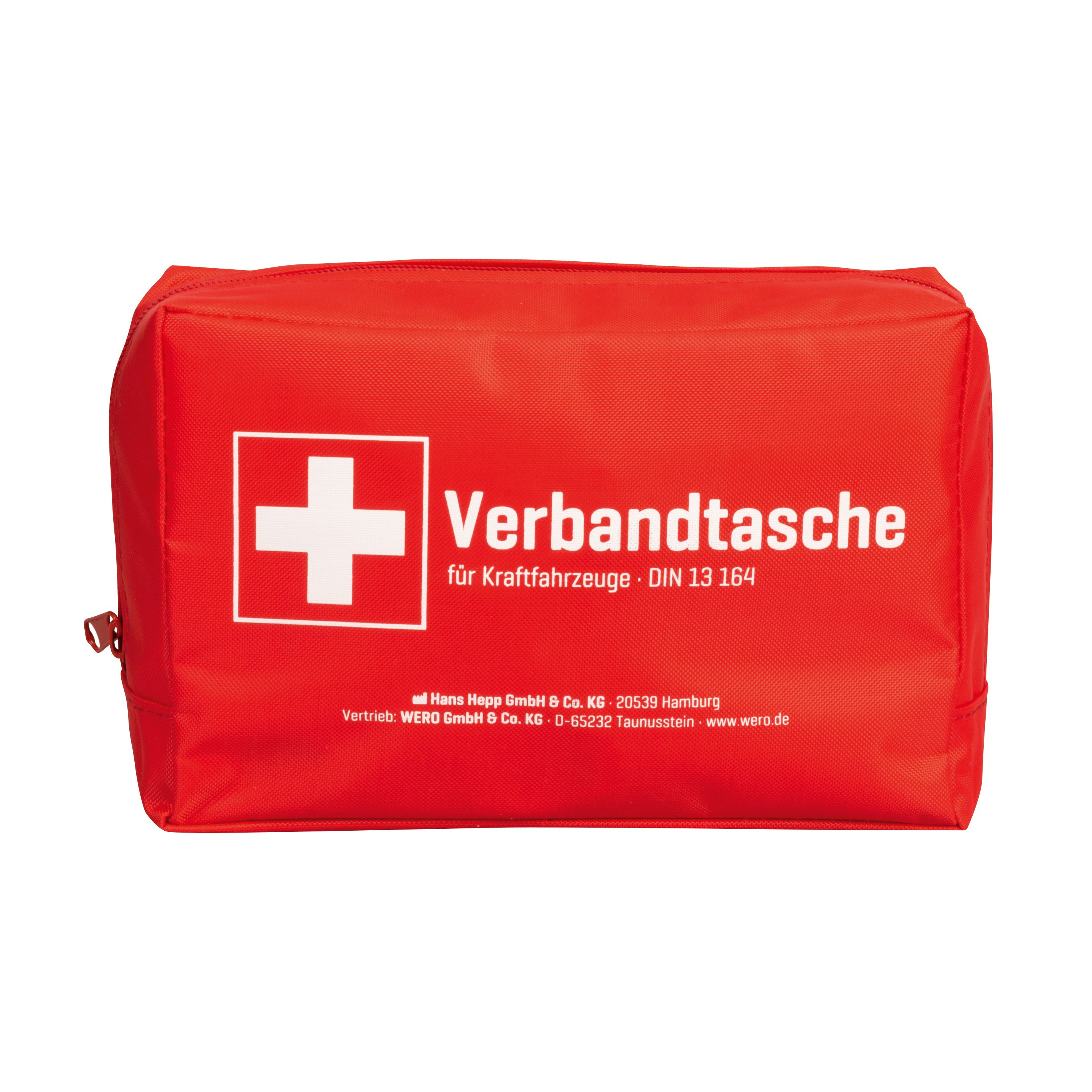 Rote Verbandtasche mit weißem Kreuz und Aufschrift. DIN 13164. Reißverschluss.
