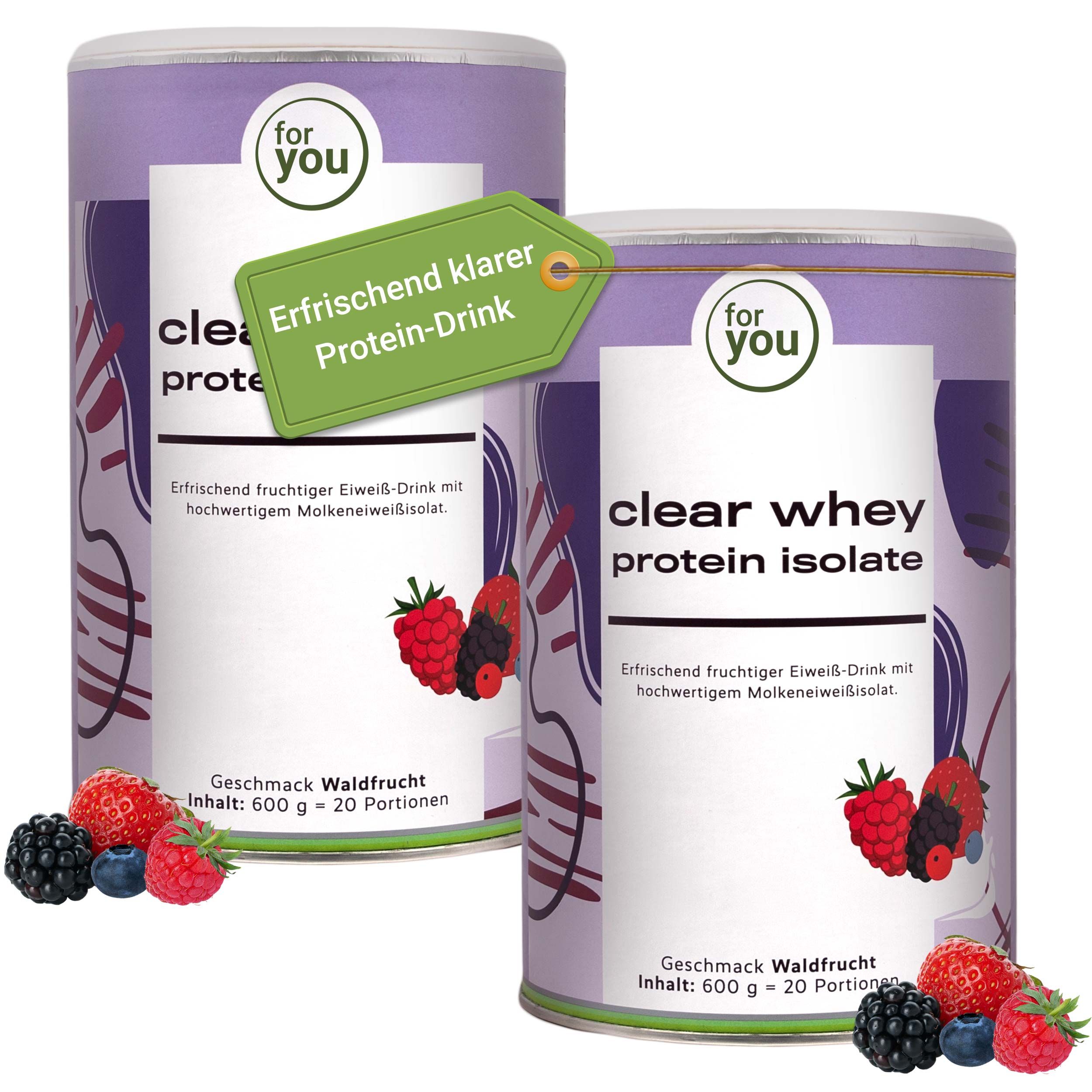 Zwei Dosen Clear Whey Protein Isolate mit Beeren und einem Preisschild.