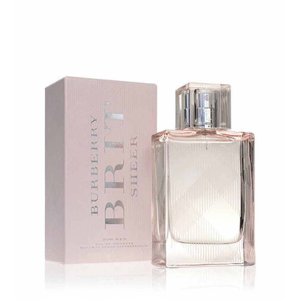 Burberry Brit Sheer Eau de Toilette Flakon und Verpackung. Transparente Glasflasche mit silbernen Akzenten und rosa Karton.