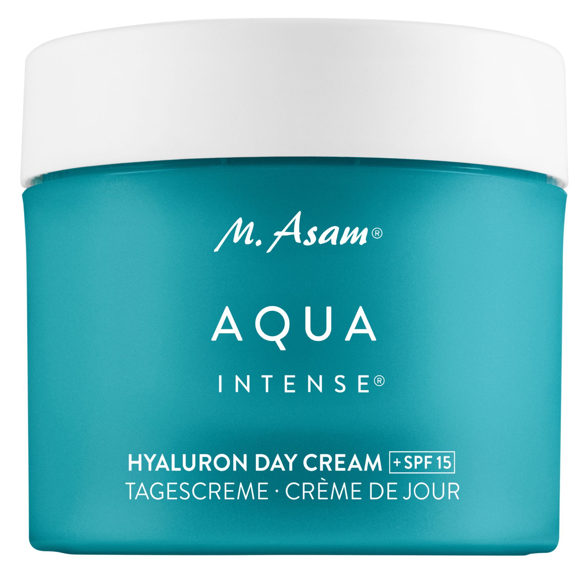 Runde, türkisfarbene Creme-Dose mit weißem Deckel. Aufschrift: M. Asam AQUA INTENSE Hyaluron Day Cream SPF 15. Tagesscreme, Crème de Jour.