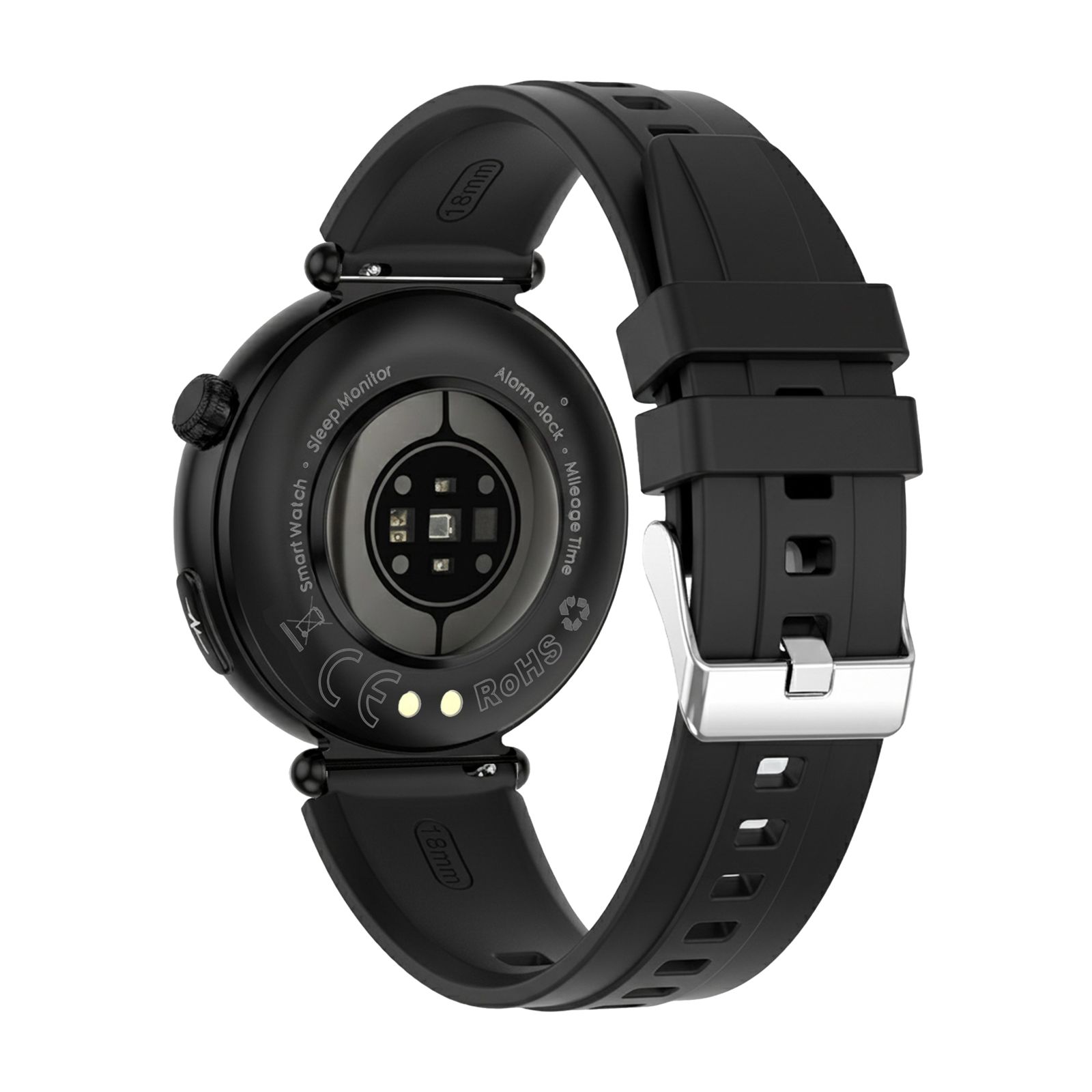 Rückseite der schwarzen Knauermann Pro 4 Mini Smartwatch. Sensoren, Ladekontakte und Armbandbefestigung sichtbar.