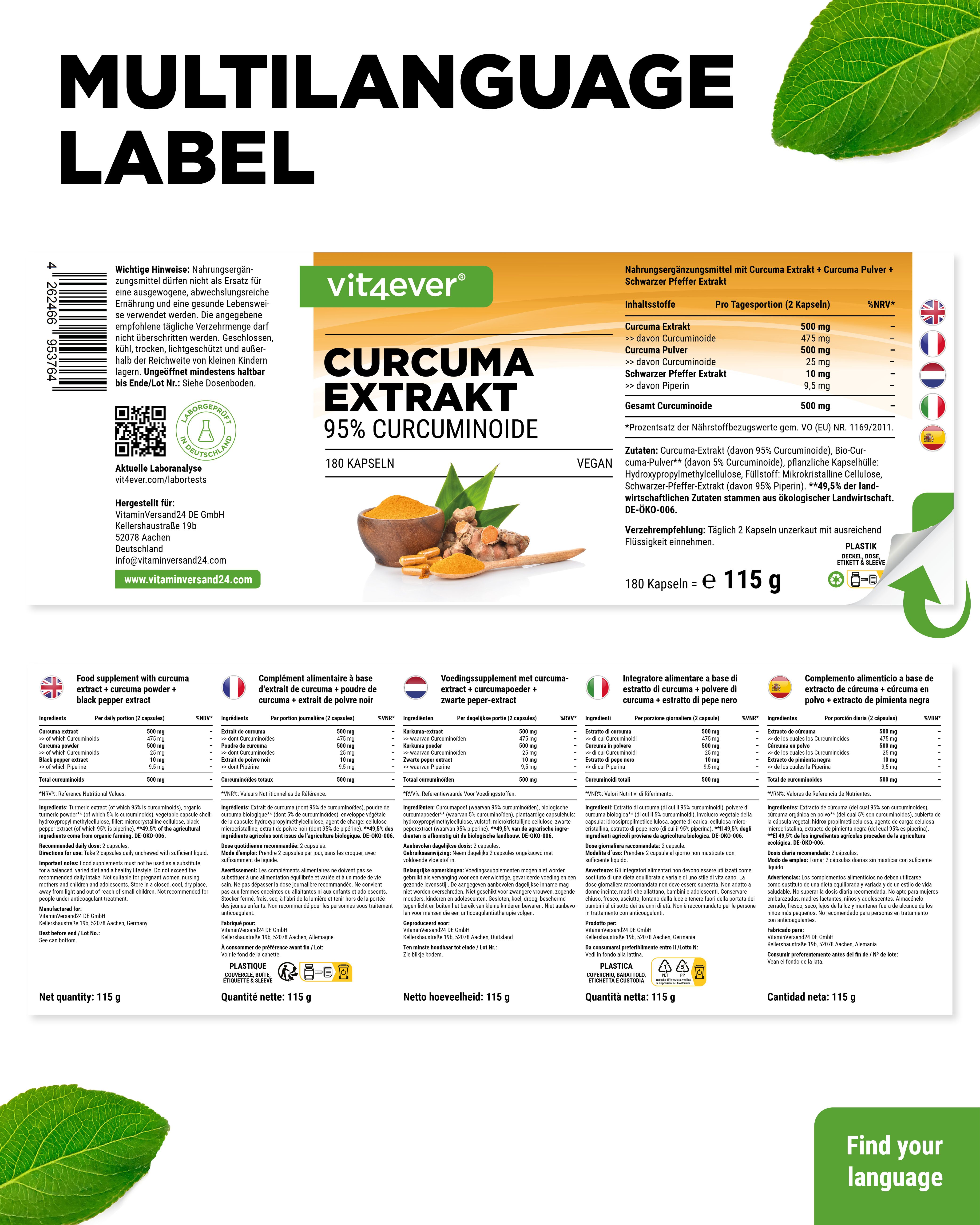 Etikett "Curcuma Extrakt" mit 180 Kapseln. Mehrsprachige Informationen. QR-Code und Text: Find your language.