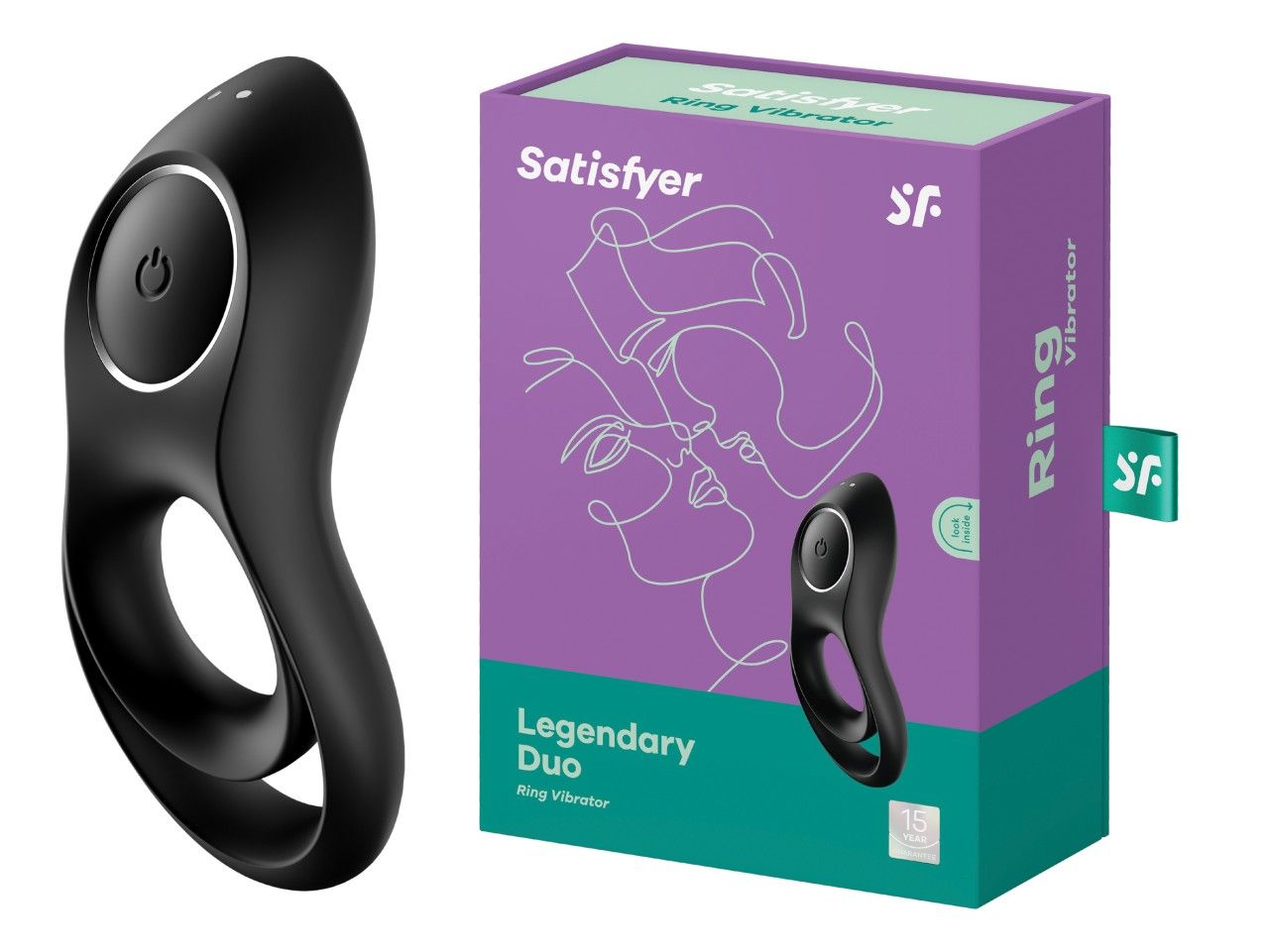 Produktverpackung. Lila Schachtel mit Produkt und Abbildung. Aufschrift: Satisfyer, Legendary Duo, Ring Vibrator.