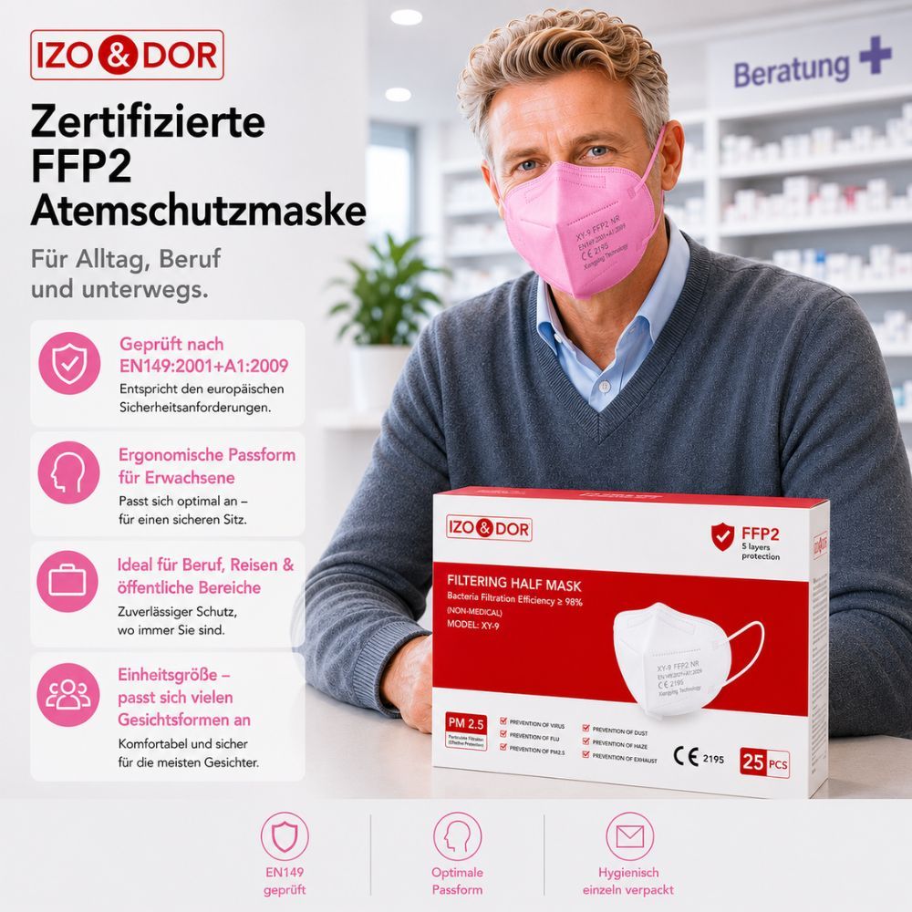Mann trägt rosa FFP2 Maske in Apotheke. Produktverpackung und Merkmale.