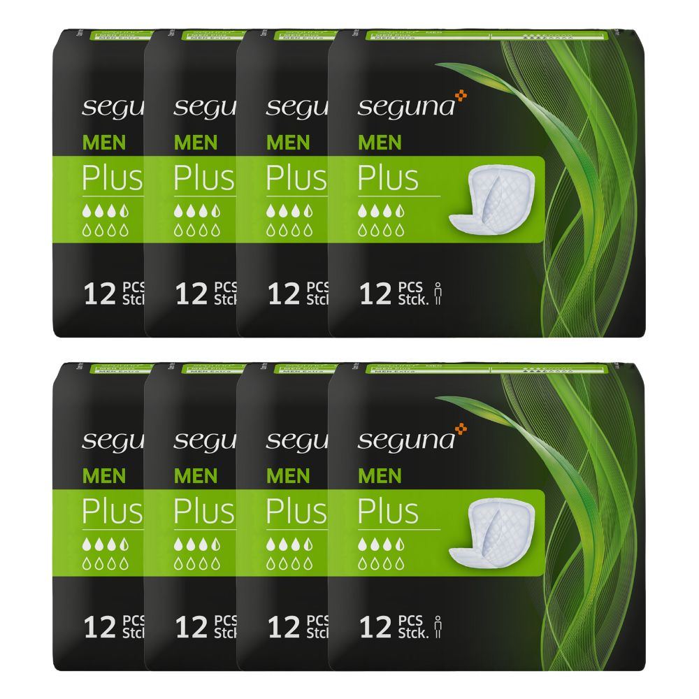 Mehrere Packungen SEGUNA MEN Plus. Schwarze Verpackung mit grünen Akzenten. 12 Stück pro Packung.