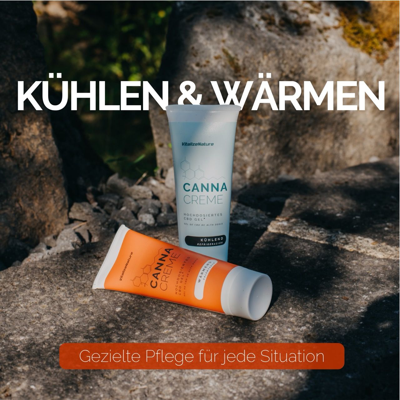 Zwei Canna Creme Tuben. Text: KÜHLEN & WÄRMEN. Gezielte Pflege.