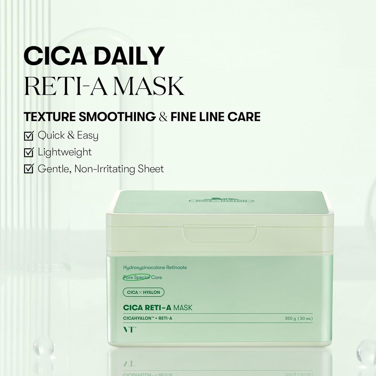 Grüne Verpackung mit Aufschrift CICA DAILY RETI-A MASK. Texturglättung & Feinlinienpflege. Schnelle & einfache Anwendung.