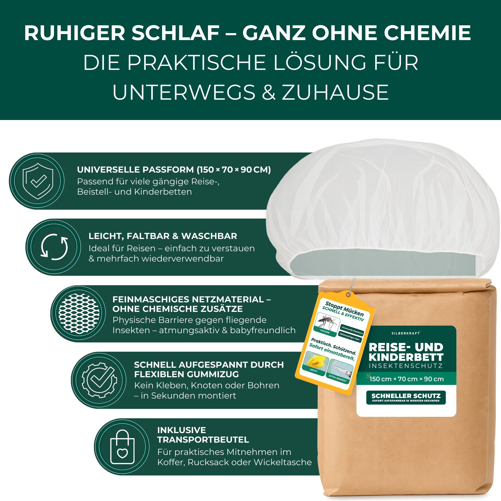 SILBERKRAFT Reise- und Kinderbett Mückennetz