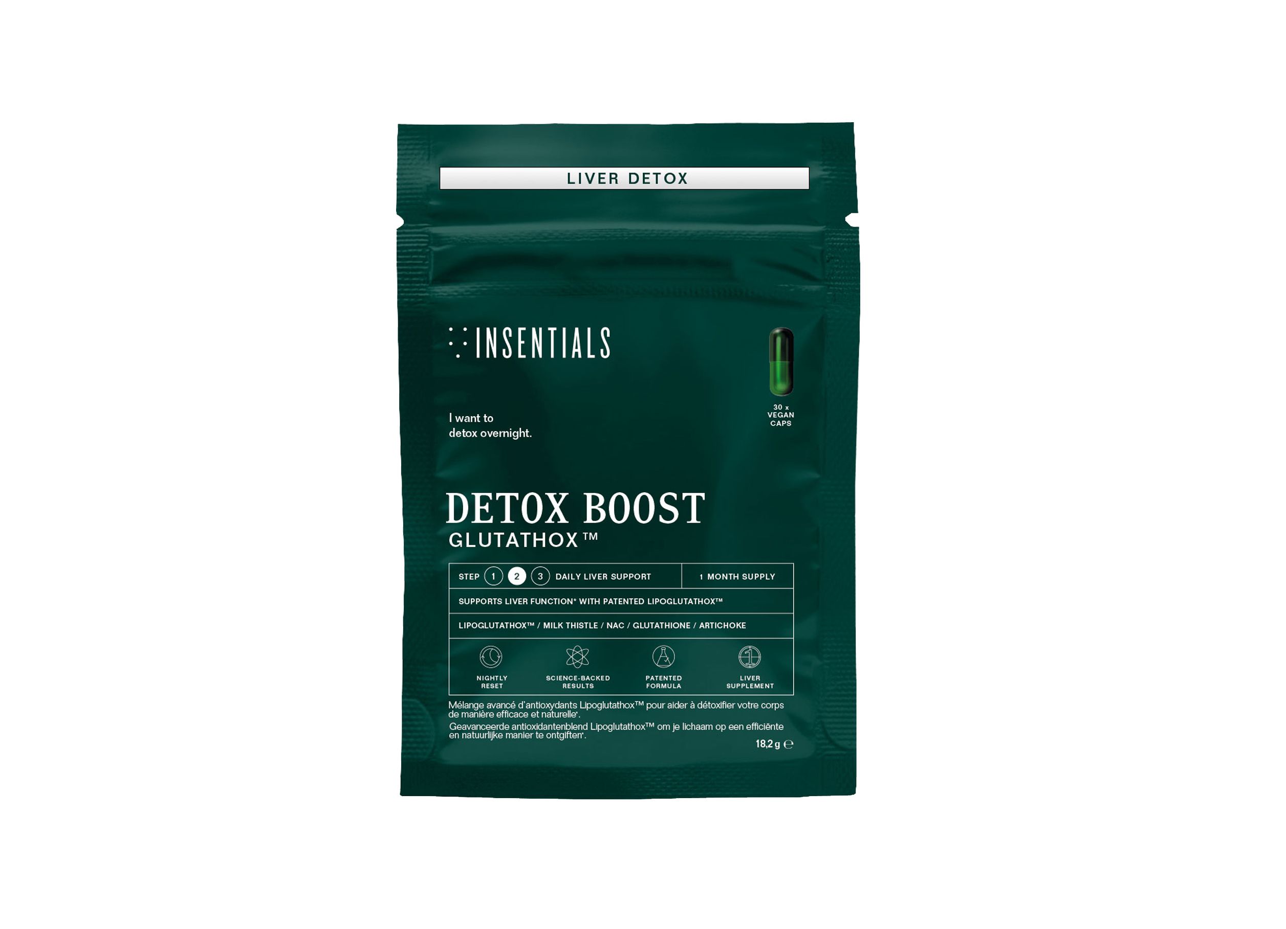 Vorderseite einer dunkelgrünen Verpackung mit der Aufschrift 'Insentials Detox Boost Glutathox'.