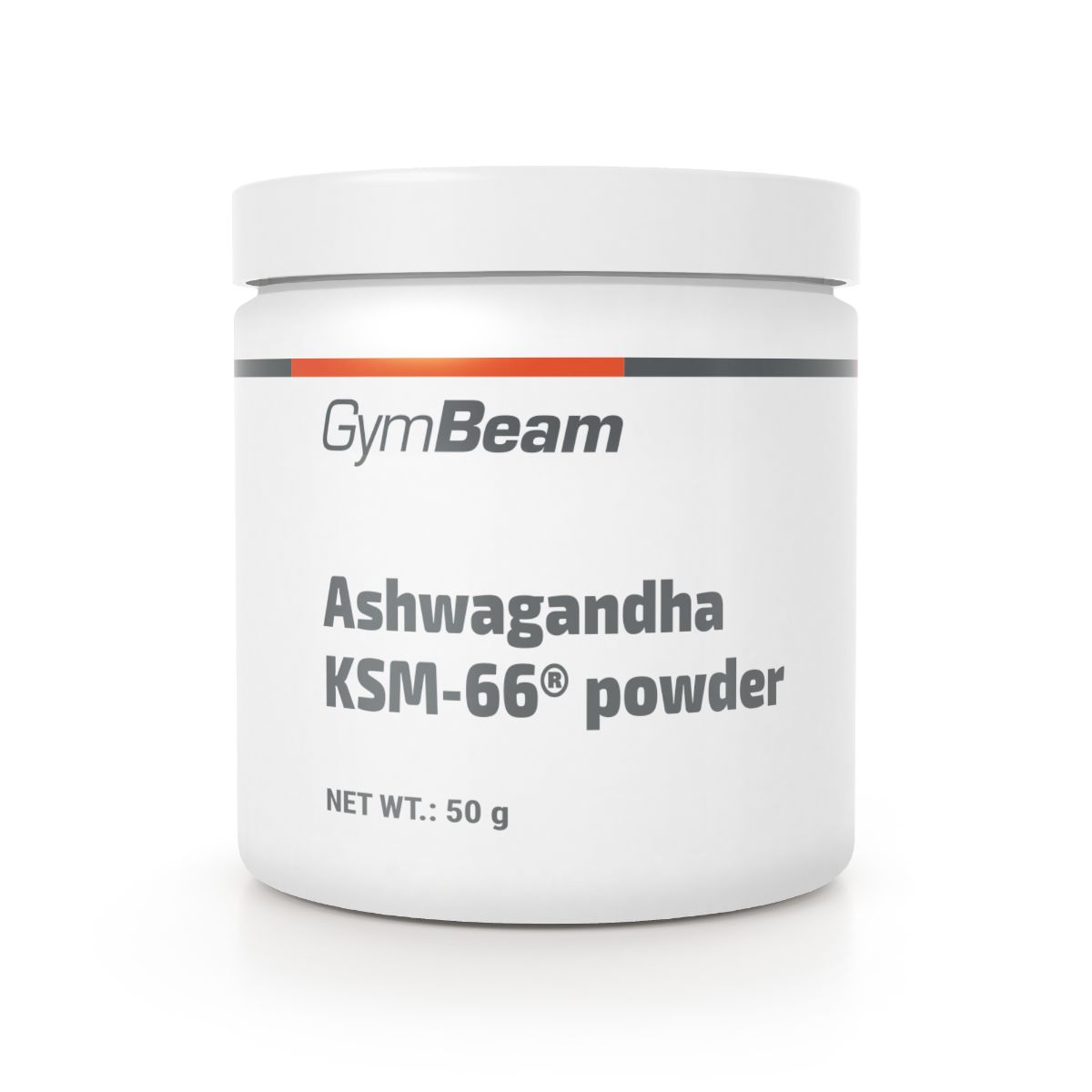 GymBeam Ashwagandha KSM-66 Pulver in weißem Behälter mit 50g Nettofüllmenge.