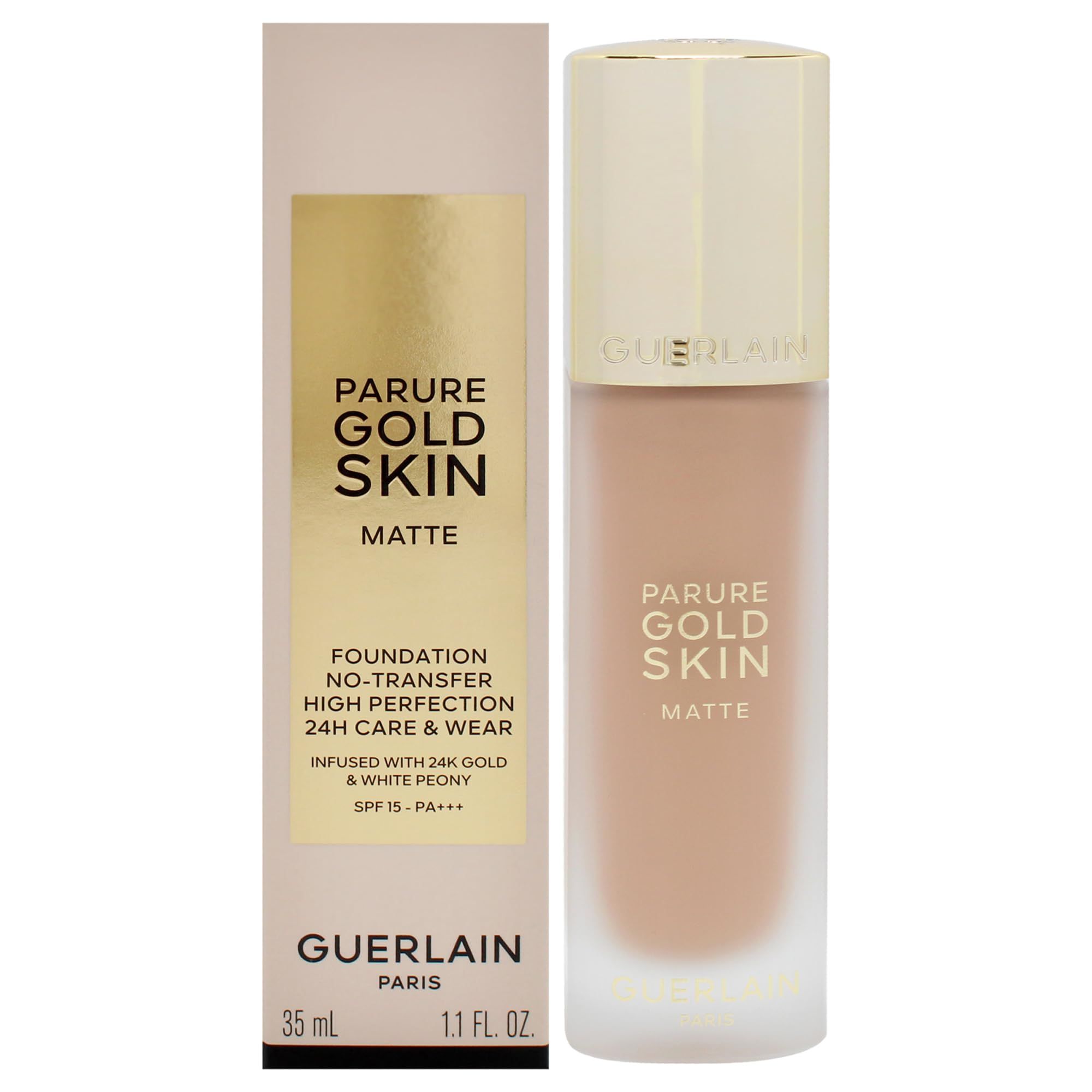 Beige Foundation-Flakon und Verpackung. Aufschrift: Parure Gold Skin Matte, Guerlain Paris, 35 ml, 1.1 FL. OZ.