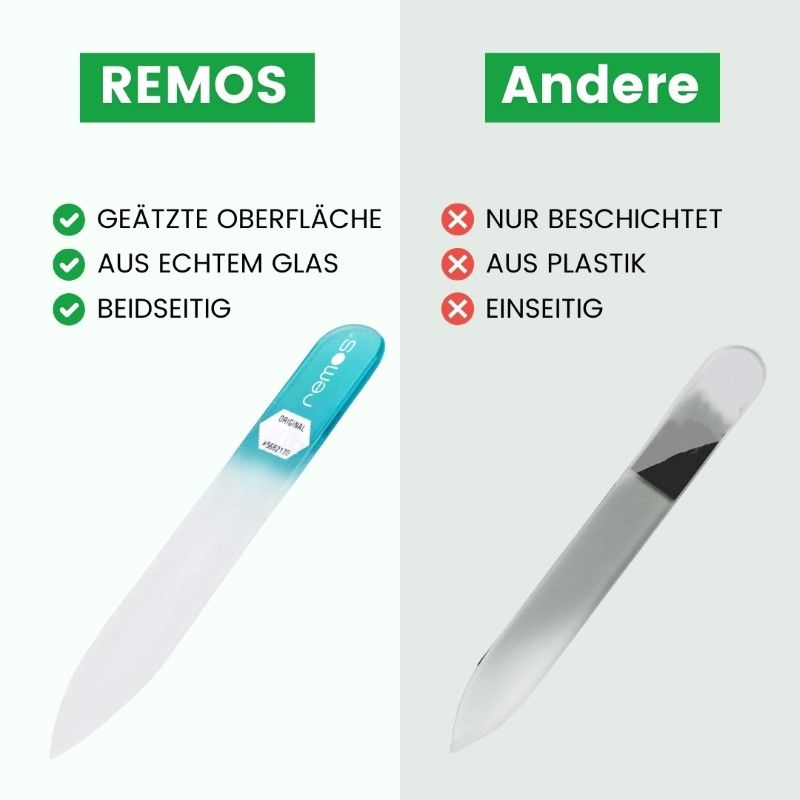 Glasnagelfeile REMOS, beidseitig, geätzte Oberfläche. Vergleich mit anderer, beschichteter, einseitiger Plastiknagelfeile.