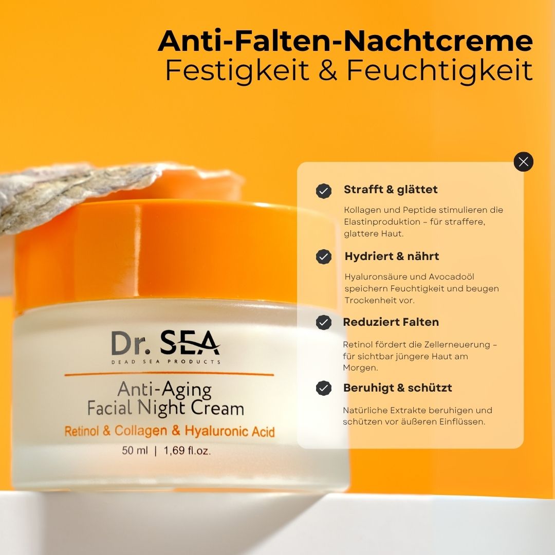 Produkt mit Text. Anti-Falten-Nachtcreme. Strafft & glättet, hydriert & nährt, reduziert Falten, beruhigt & schützt.