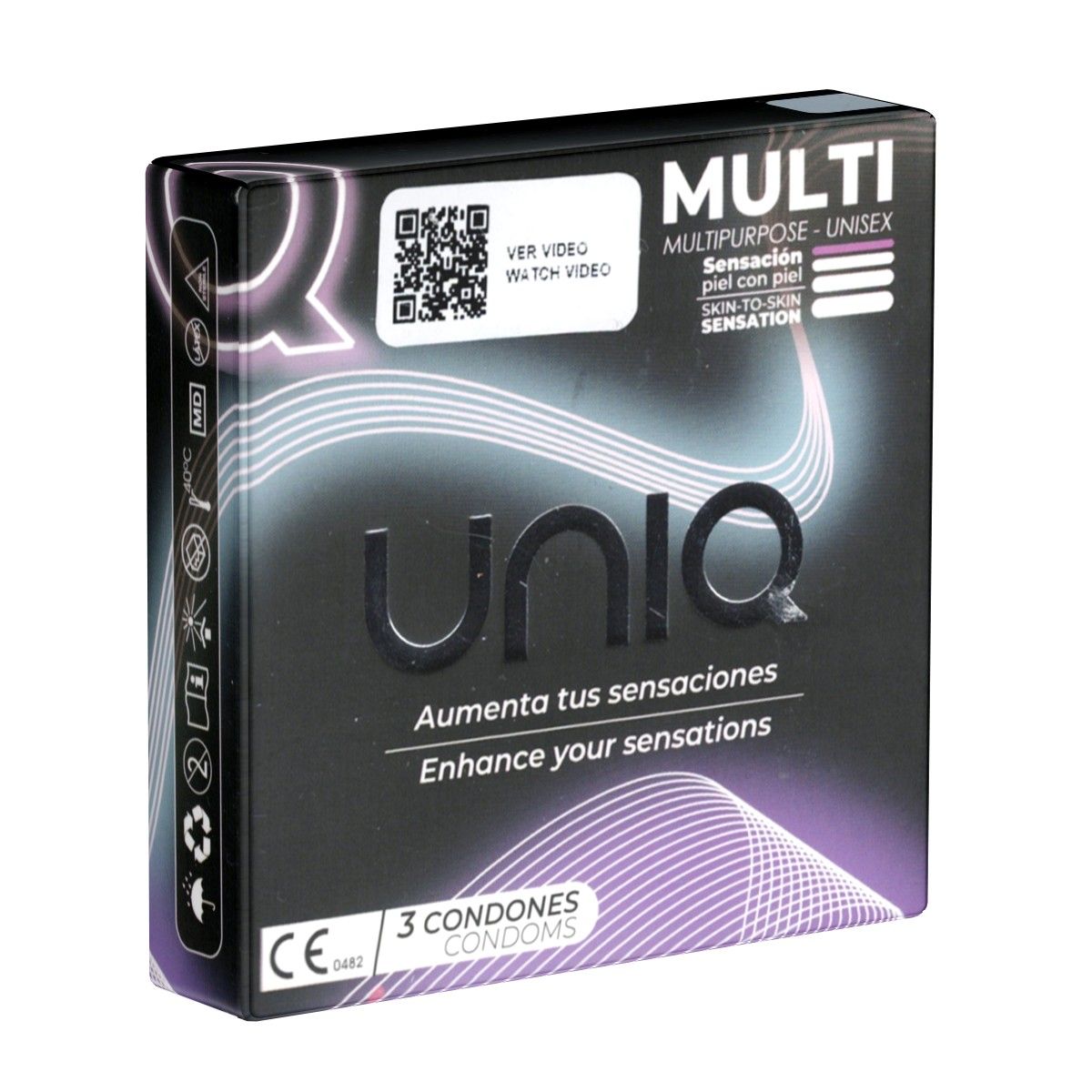 Schwarze Verpackung mit "UNIQ"-Logo und Text. Enthält 3 Kondome. Mit CE-Kennzeichnung.