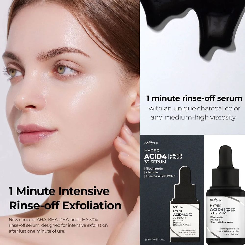Frau mit Serum. Text: Hyper Acid4 30 Serum. Enthält AHA, BHA, PHA, LHA. Mit Pipette. Produktabbildung und Text.