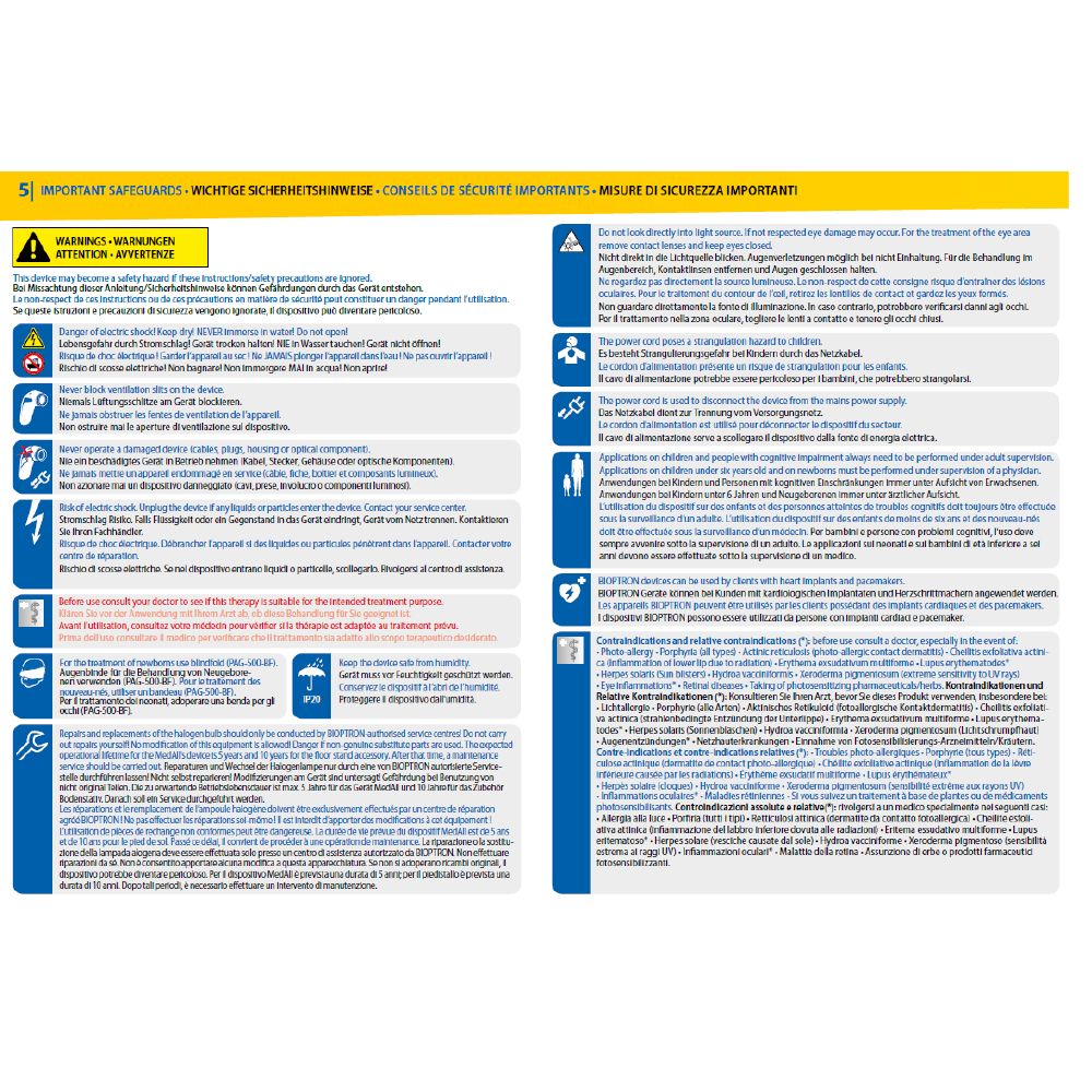 Mehrsprachige Sicherheitsanweisungen auf gelbem Hintergrund. Text in Deutsch, Englisch, Französisch und Italienisch.