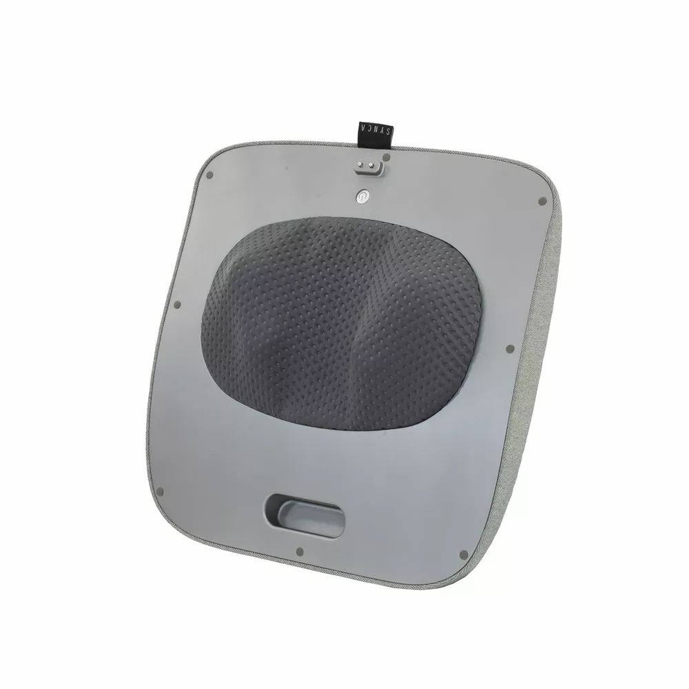 Graues Fußmassagegerät von oben. Rechteckige Form mit einem Netzbereich und einem Bedienfeld.