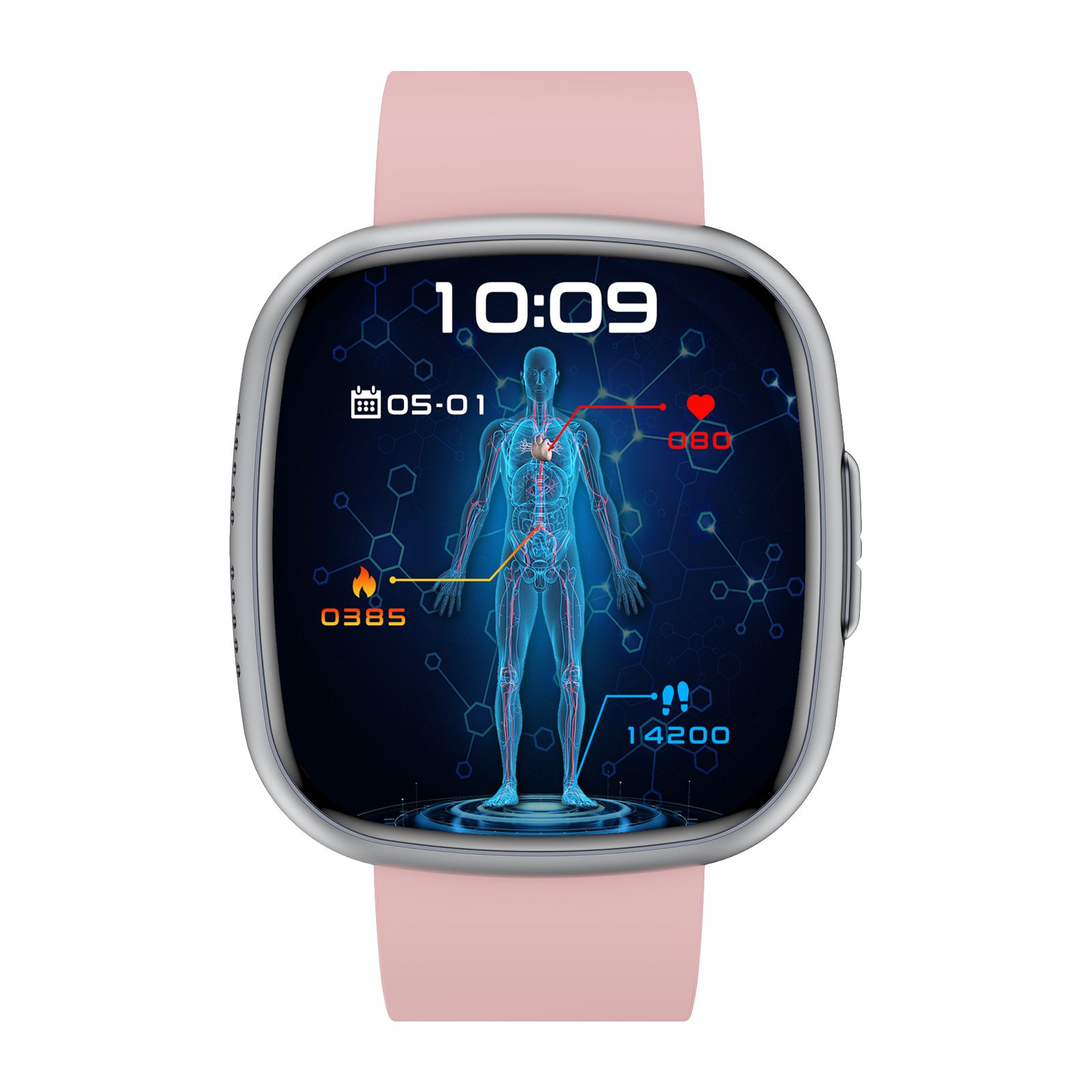 Smartwatch mit rosa Armband. Anzeige mit Uhrzeit und Körperdiagramm. Silberfarbenes Gehäuse.