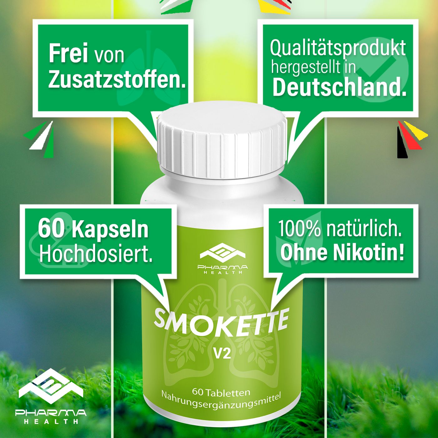 Flasche mit grünem Etikett. Aufschrift: Smokette V2, 60 Kapseln, Nahrungsergänzungsmittel. Logo Pharma Health. Zusatztexte.
