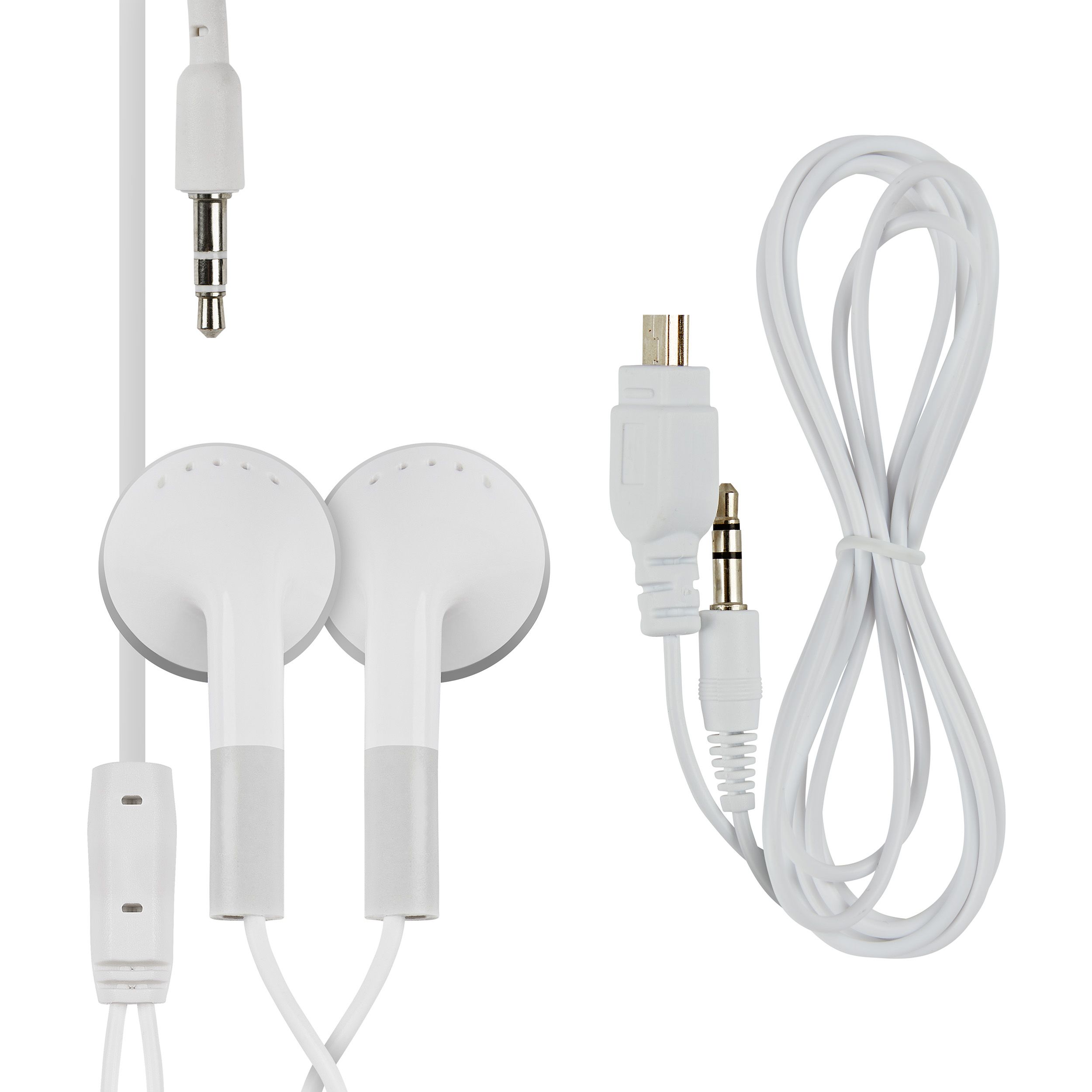 Zwei weiße Ohrhörer mit Kabel und Stecker. Ein weiteres Kabel mit Stecker.