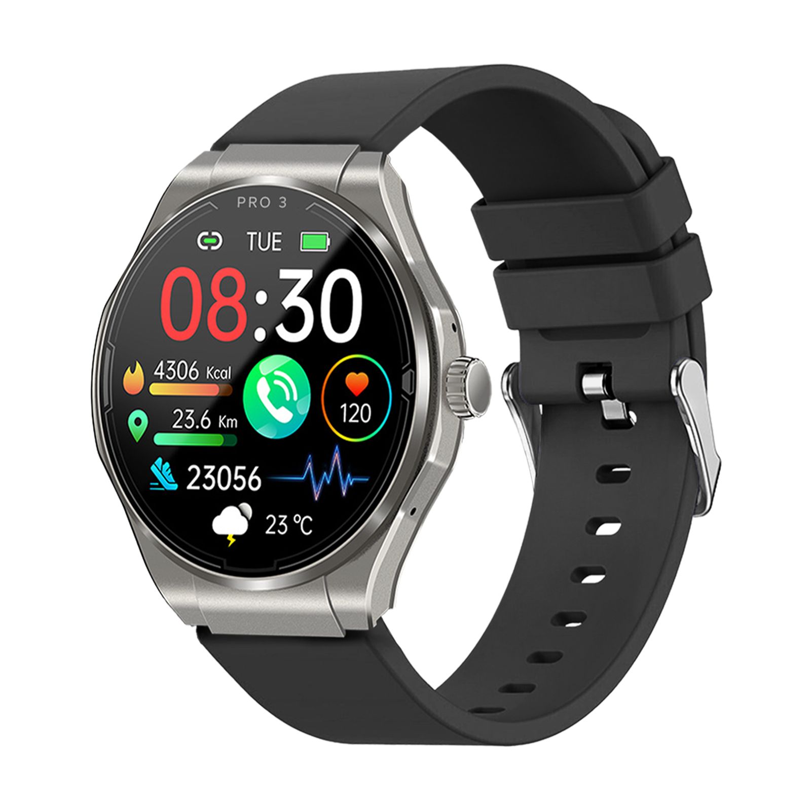 Silberfarbene Smartwatch mit schwarzem Armband. Zeigt Uhrzeit, Kalorien, Distanz, Schritte, Wetter und Herzfrequenz an.